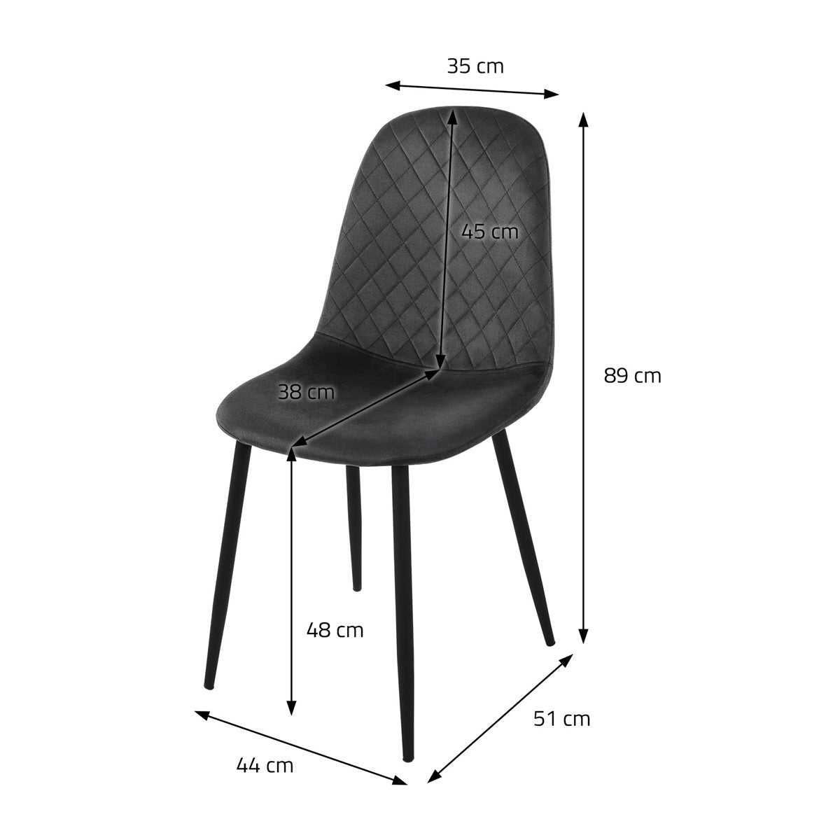 Chaise noire aux dimensions suivantes : hauteur 89 cm, largeur 44 cm, profondeur 51 cm.
