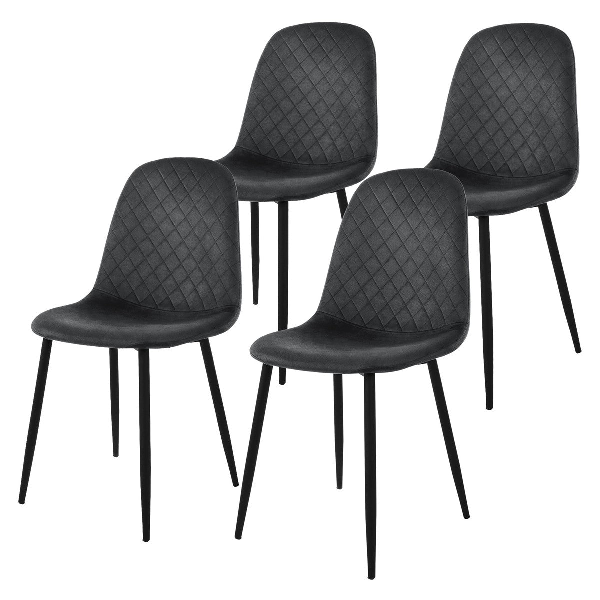 Four black chairs with diamond-shaped upholstery.