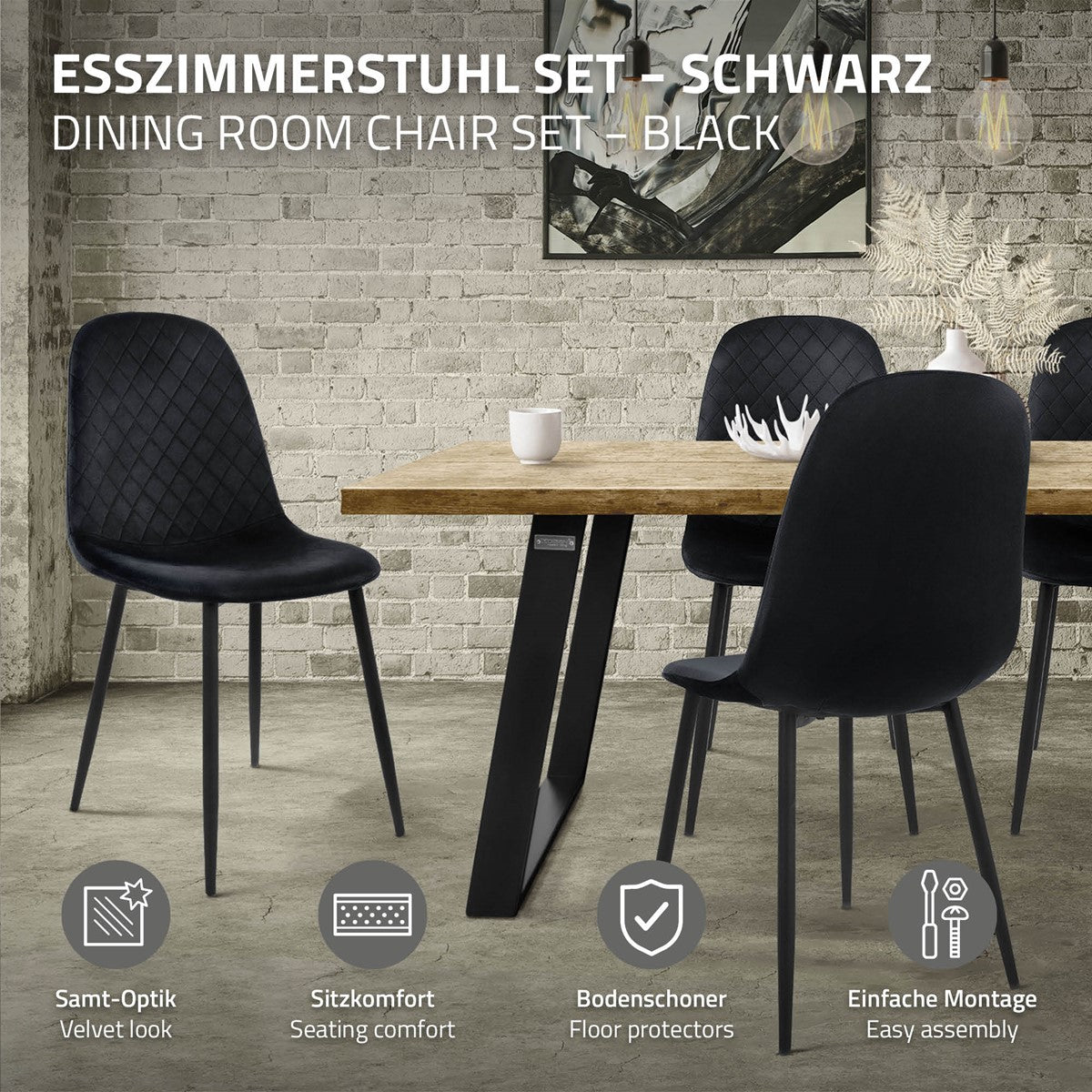 Esszimmerstuhl-Set in Schwarz vor einem Holztisch in einem Raum.