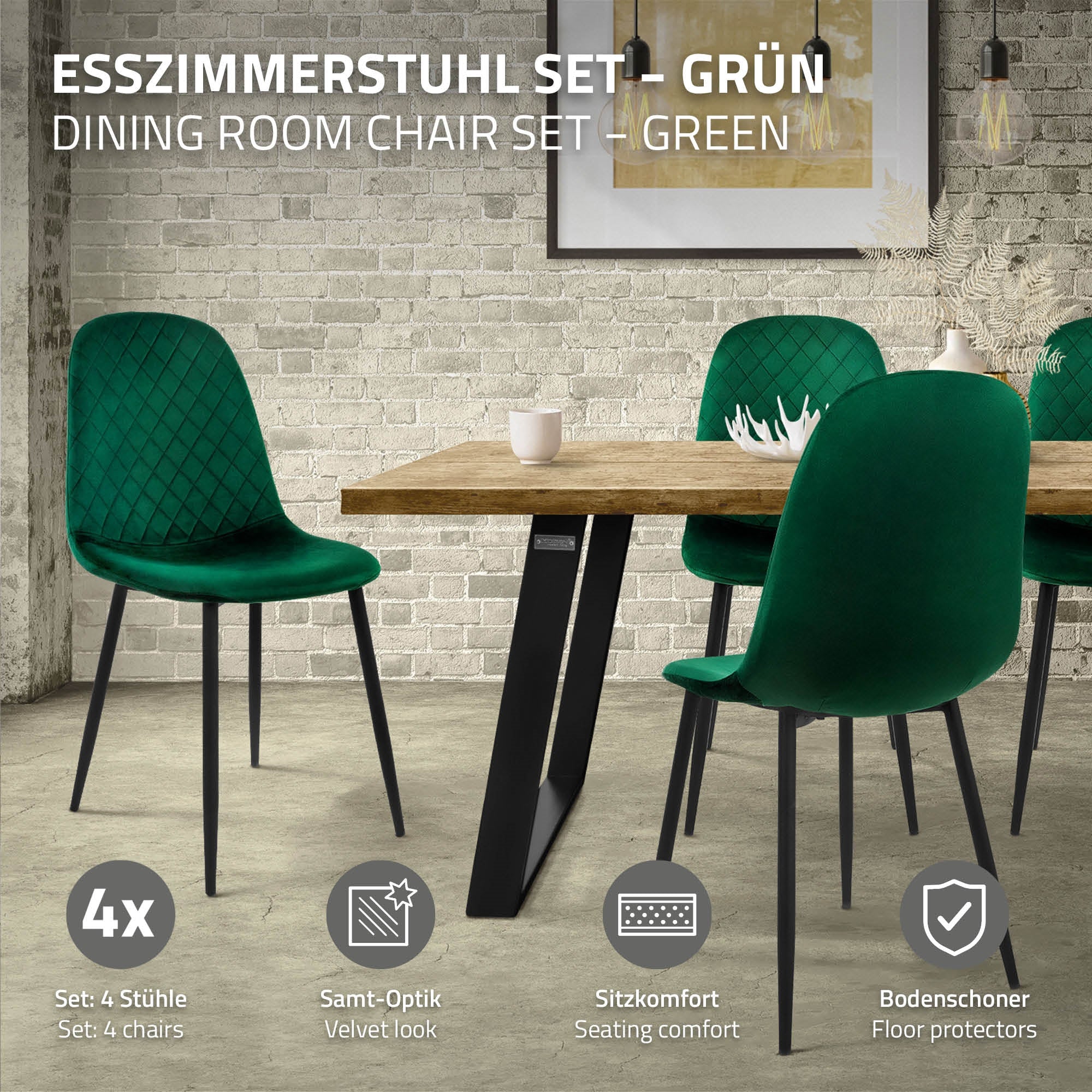 Grünes Esszimmerstuhl-Set mit vier Stühlen und einem Tisch in einem modernen Raum.