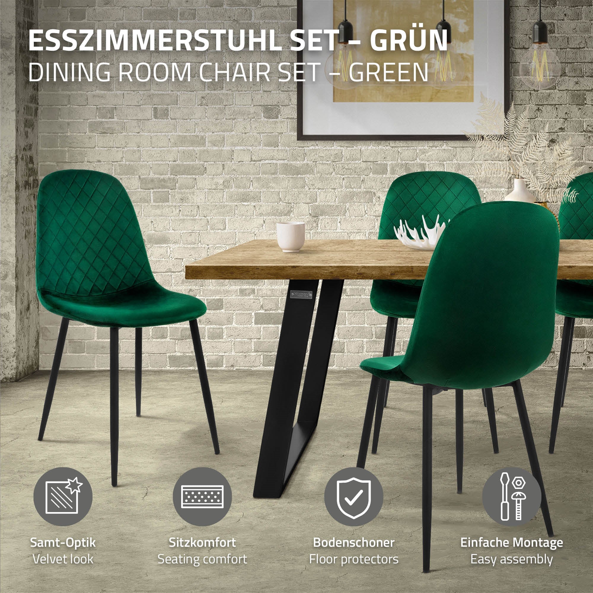 Esszimmerstuhl-Set in Grün, mit Tisch und Bodenbeschützern.
