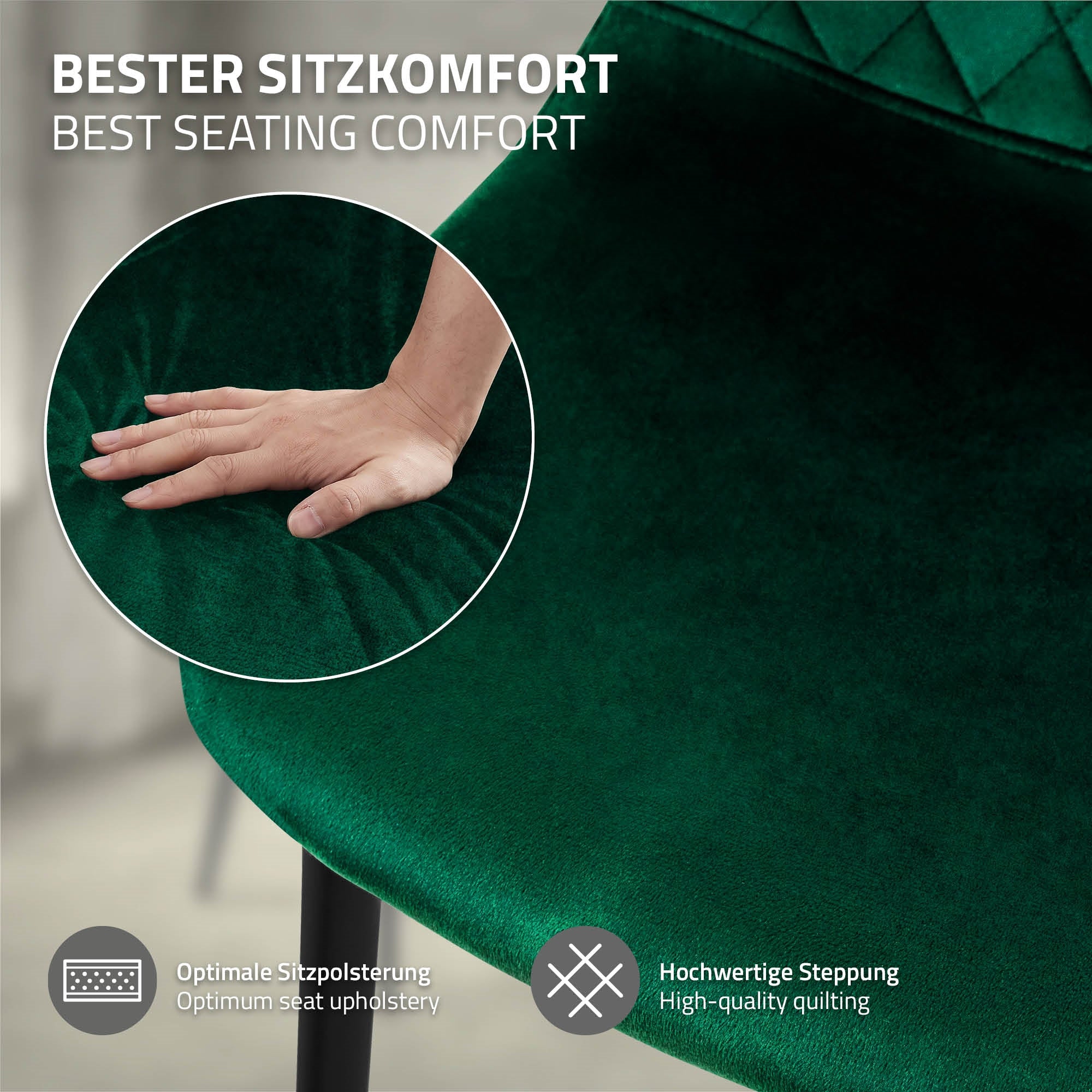 Nahaufnahme einer grünen Stuhlsitzfläche mit Hand, die die Polsterung drückt.