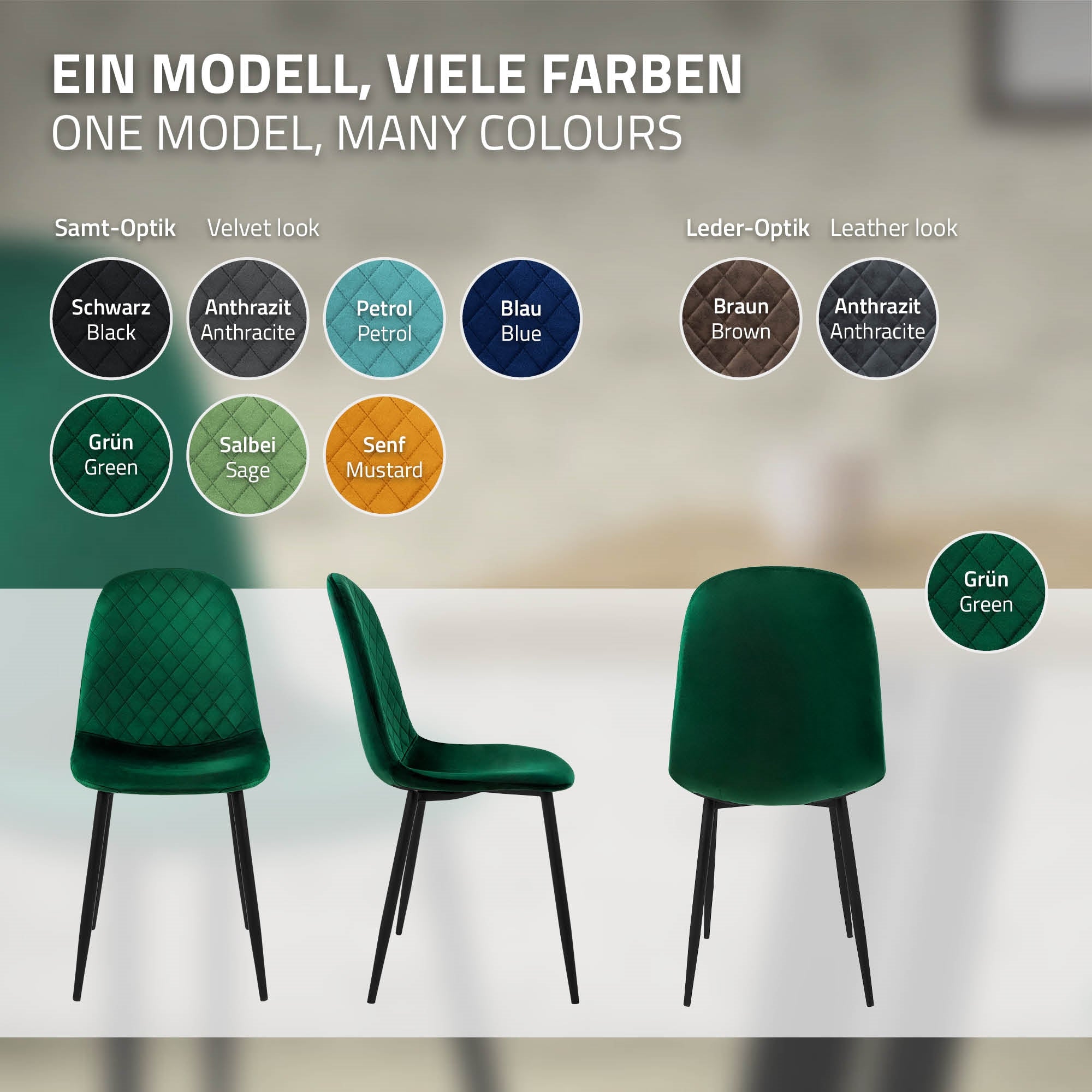 Drei Stühle in verschiedenen Farben vor einem Tisch, mit Farbmustern im Hintergrund.