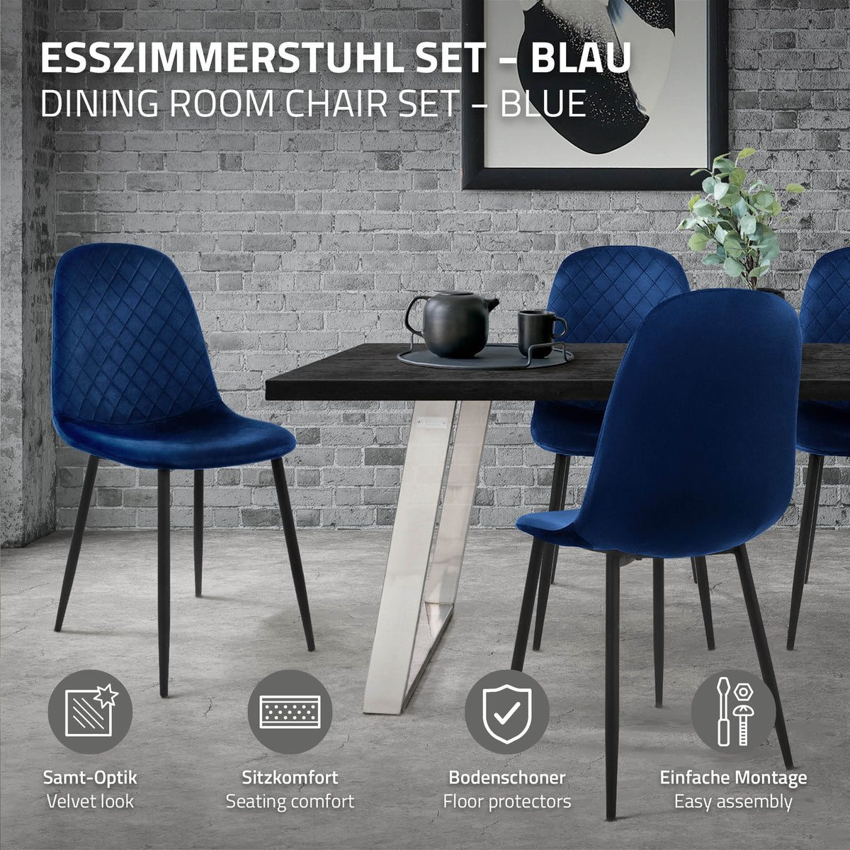Juego de sillas de comedor azules en una mesa en un espacio moderno.