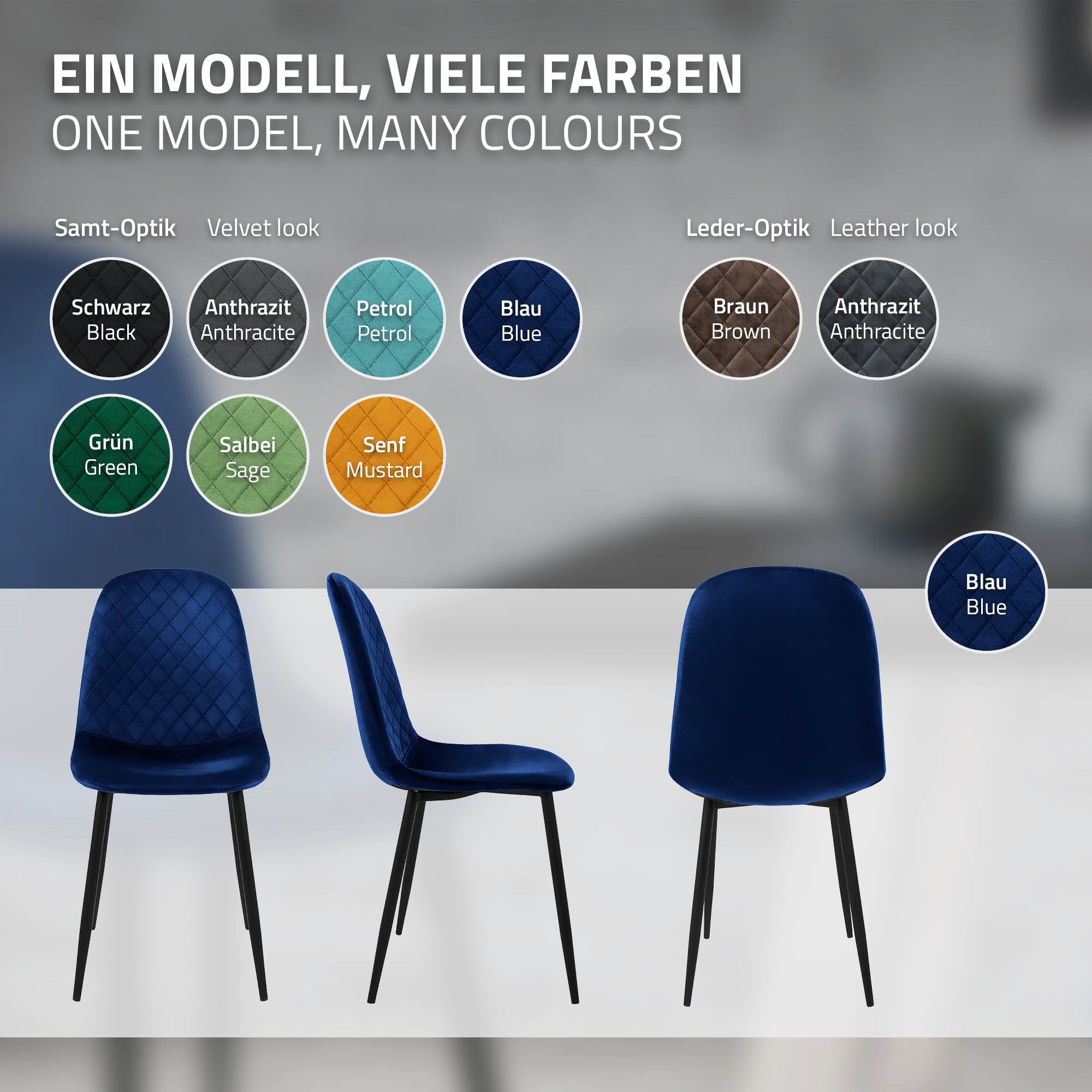 Trois chaises de différentes couleurs, dont le bleu, le vert et l'anthracite.