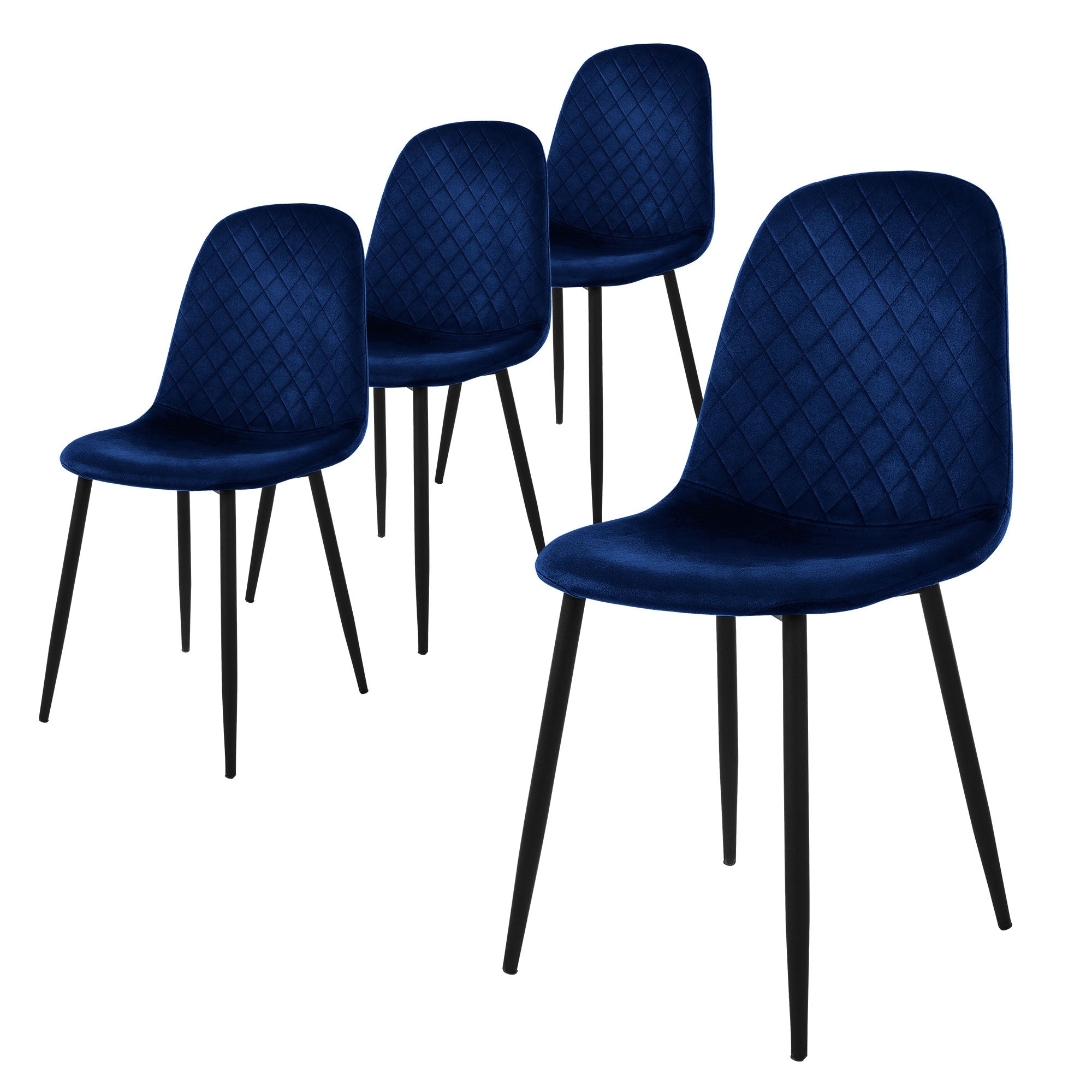Vier blaue Stühle mit diamantförmiger Polsterung und schwarzen Beinen.