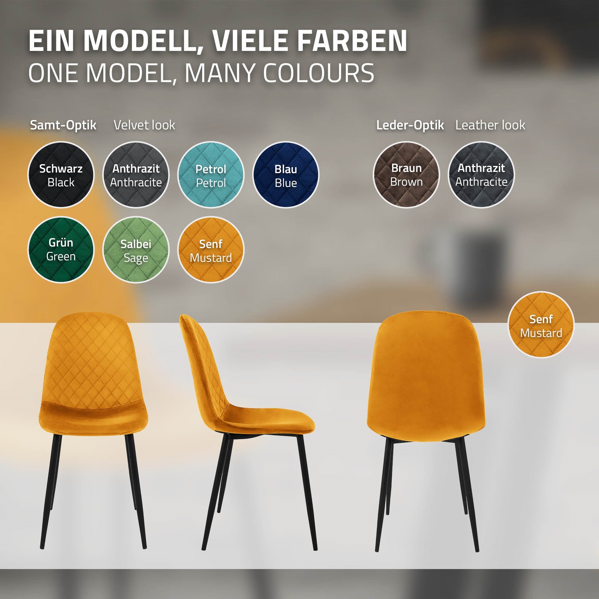 Drei Stühle in verschiedenen Farben vor einem neutralen Hintergrund.