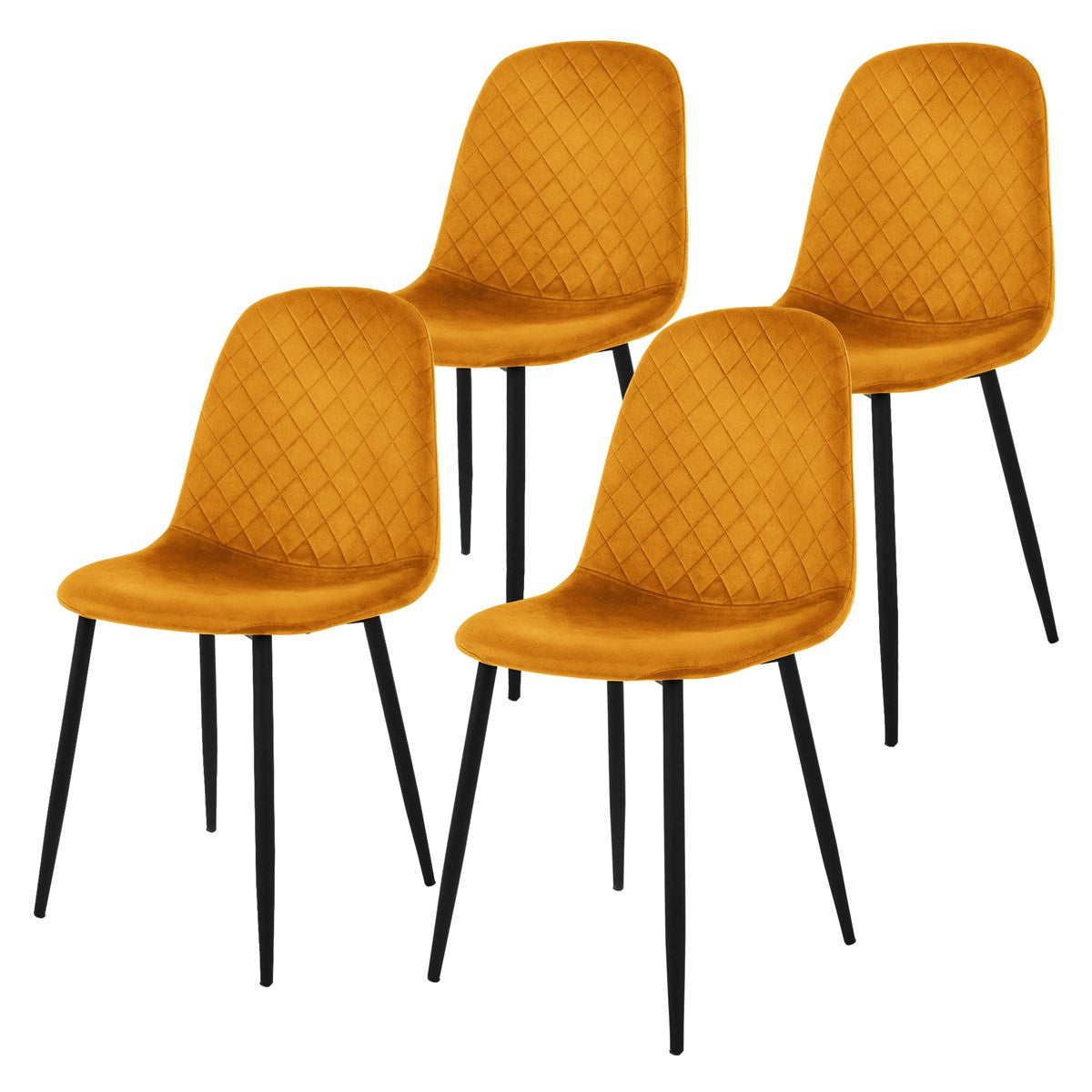 Four yellow chairs with black frames on a white background.