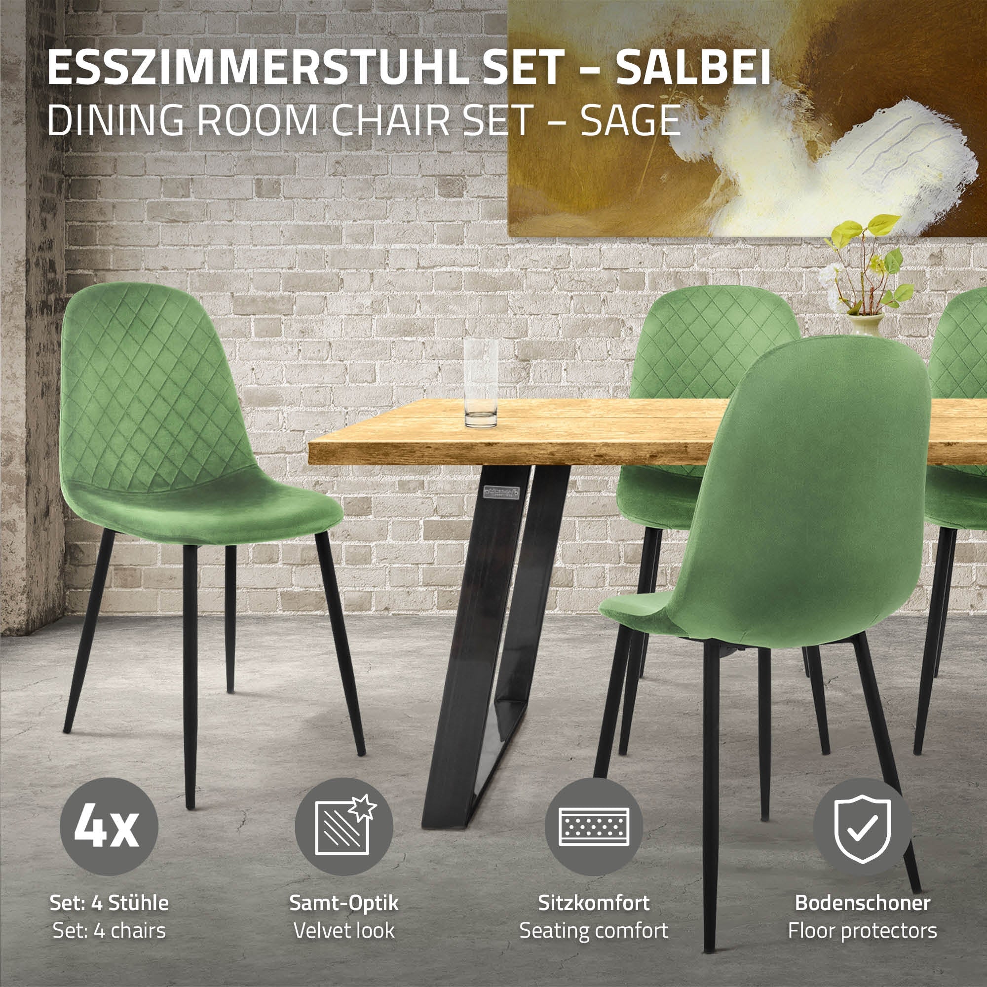 Esszimmerstuhl-Set in Salbei mit Beschreibung und Anzahl der Stühle.