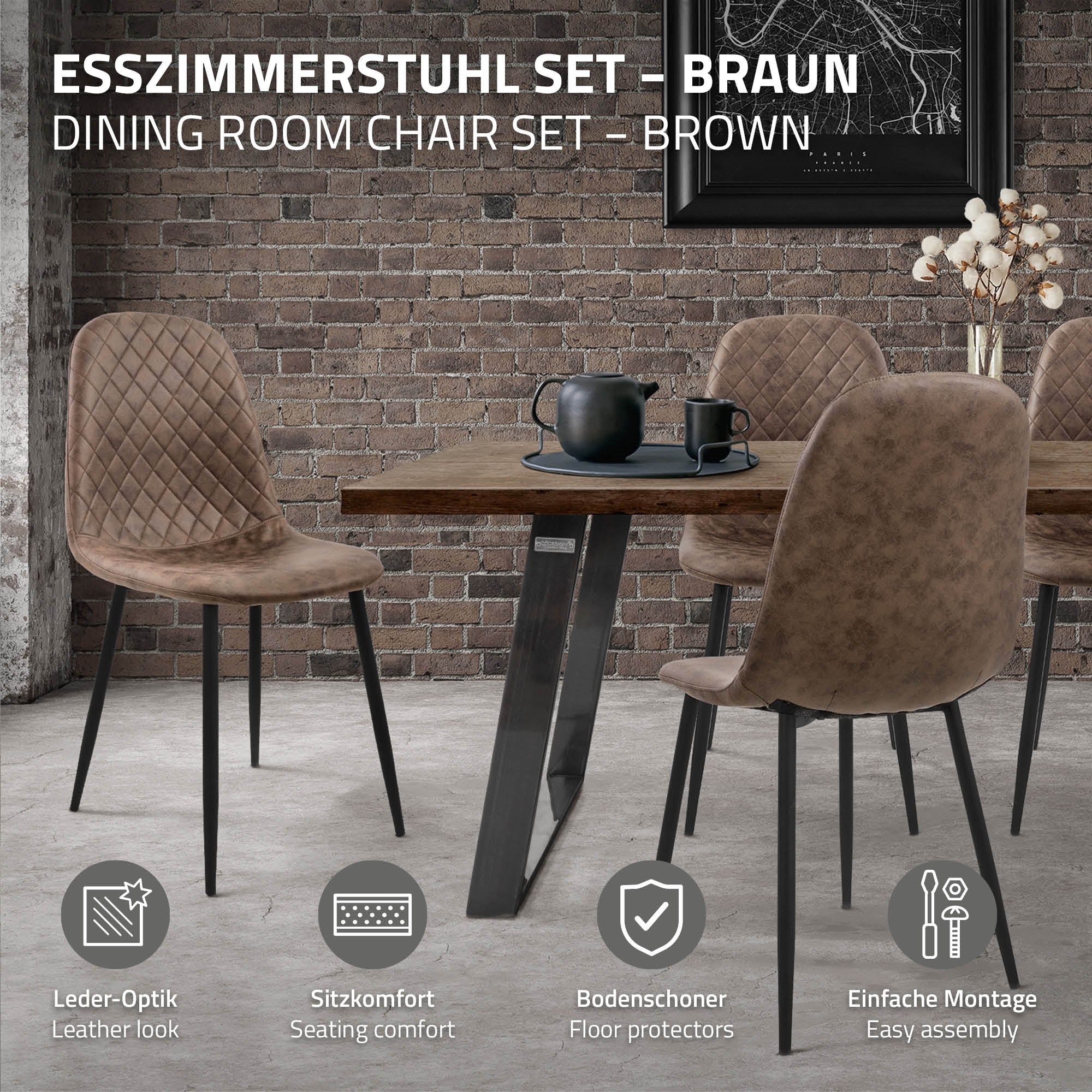 Braune Esszimmerstühle um einen Tisch in einem rustikalen Raum.