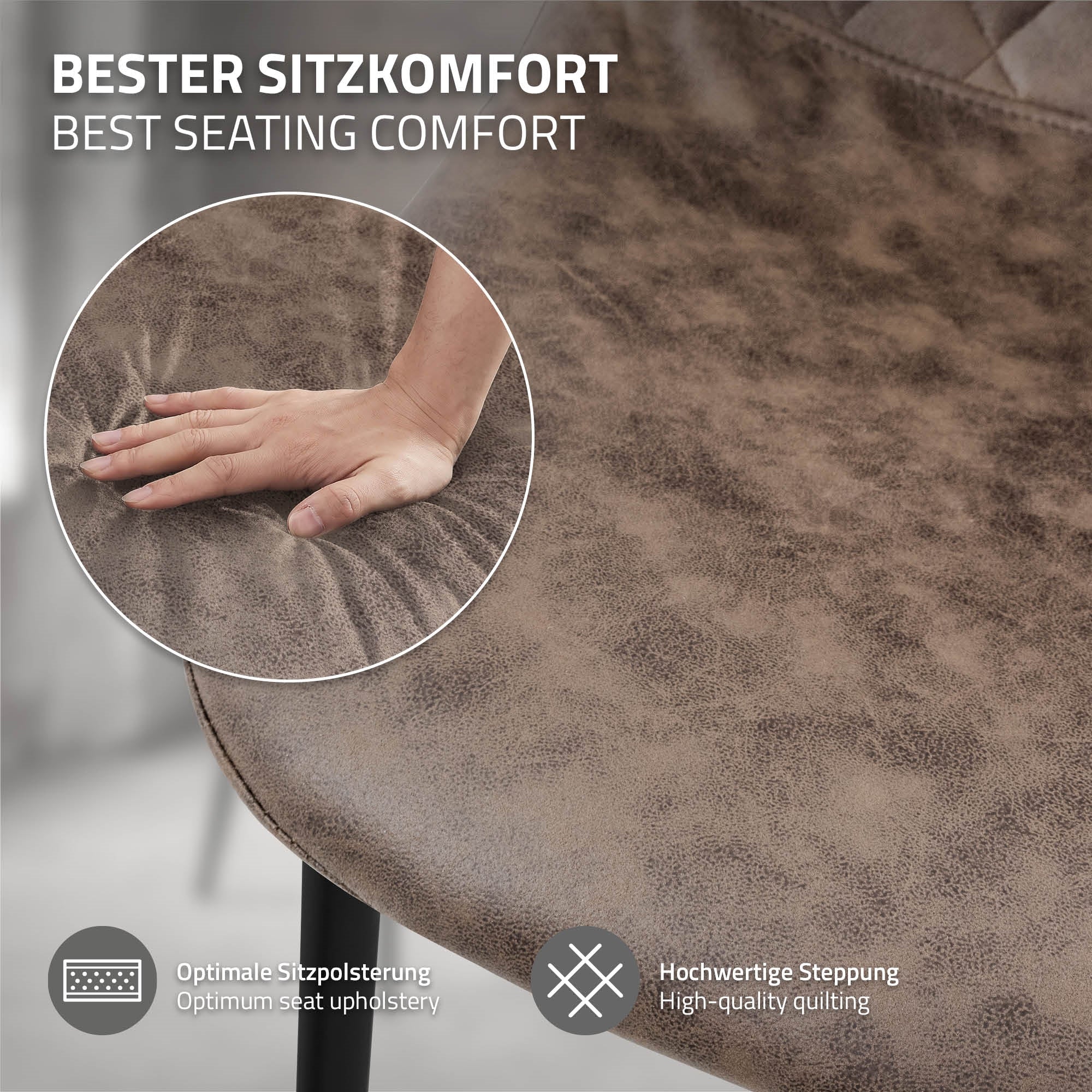 Nahaufnahme einer Hand, die auf einen braunen Stuhl mit weicher Polsterung drückt.
