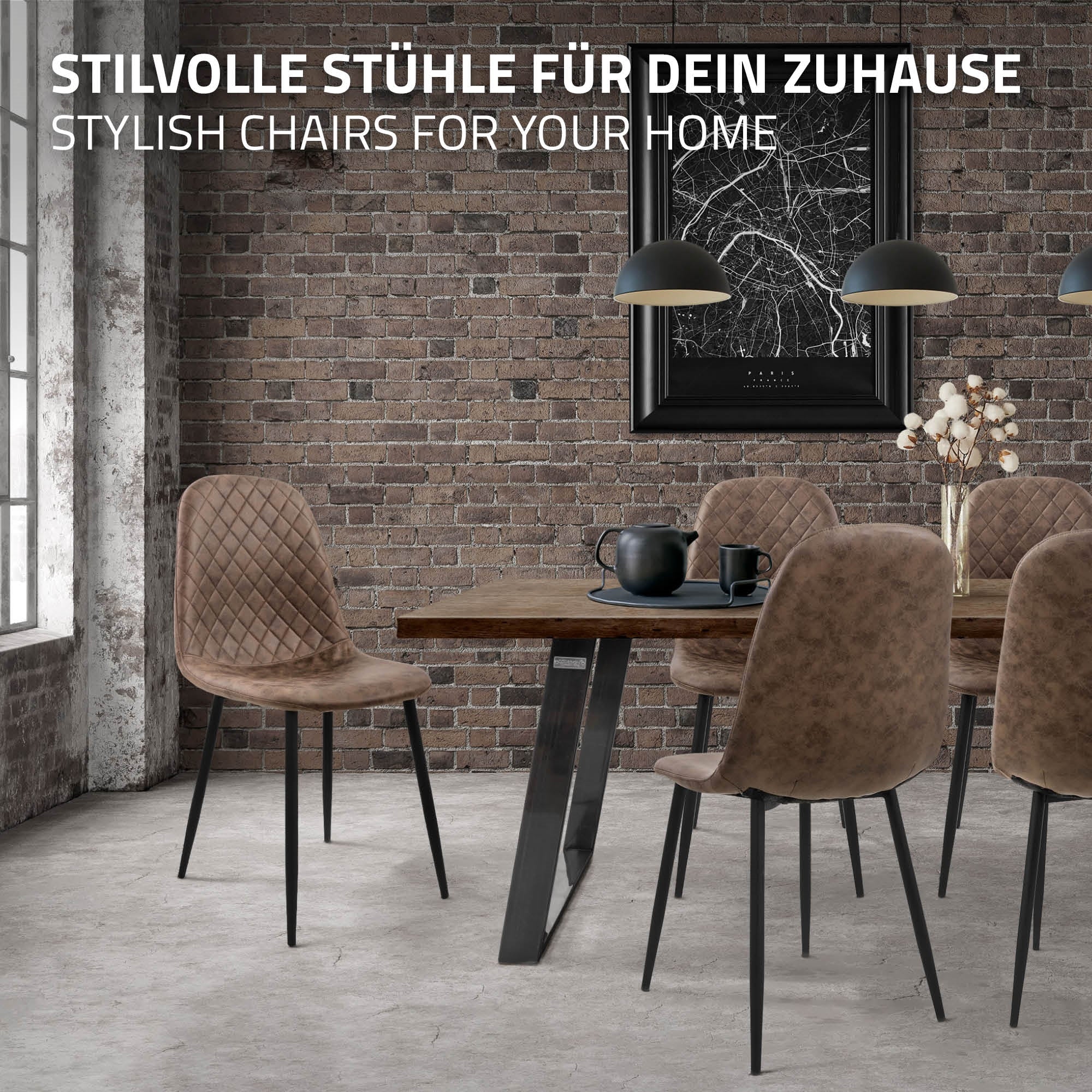 Stilvolle Stühle um einen Holztisch in einem modernen Raum.