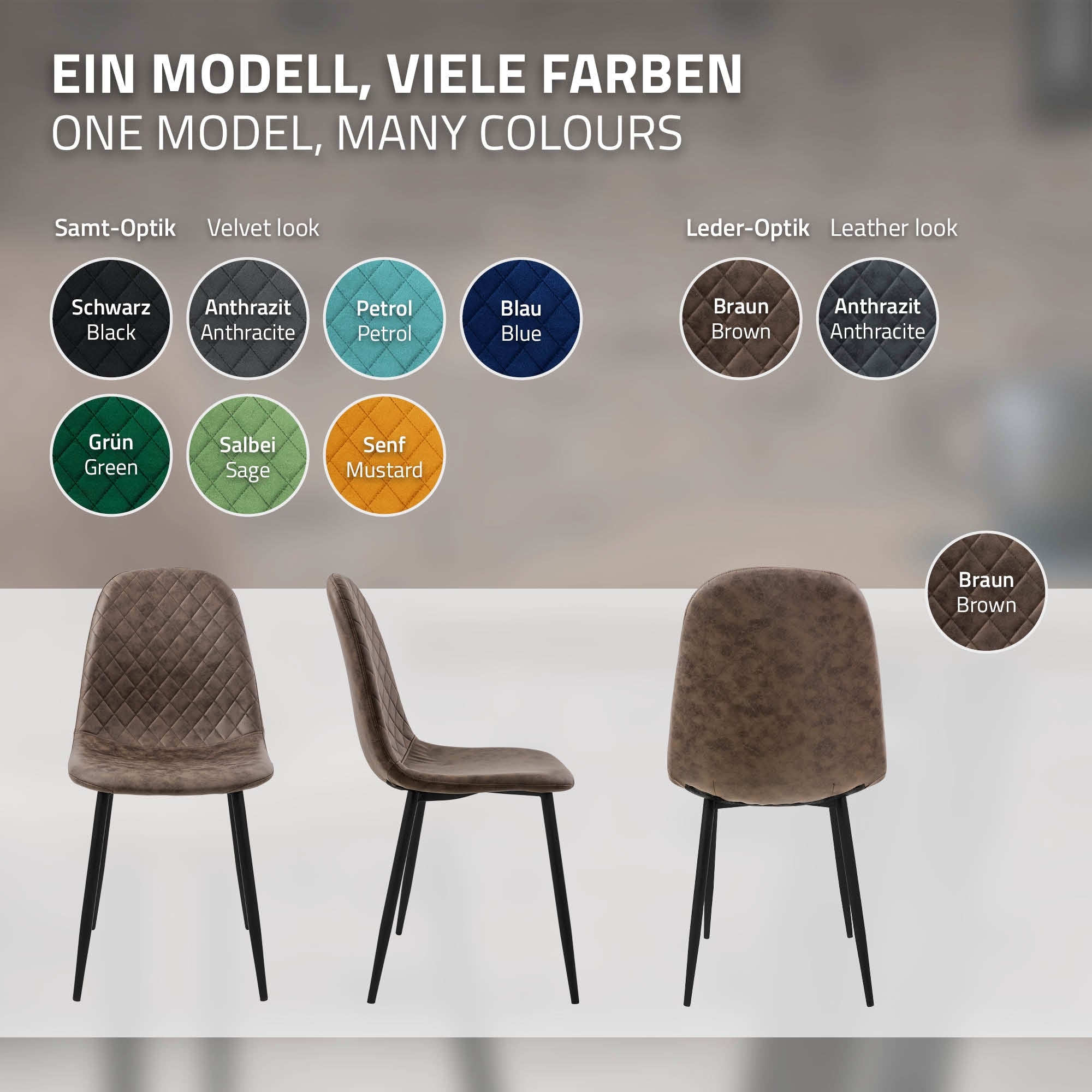 Drei Stühle in verschiedenen Farben vor einem unscharfen Hintergrund.