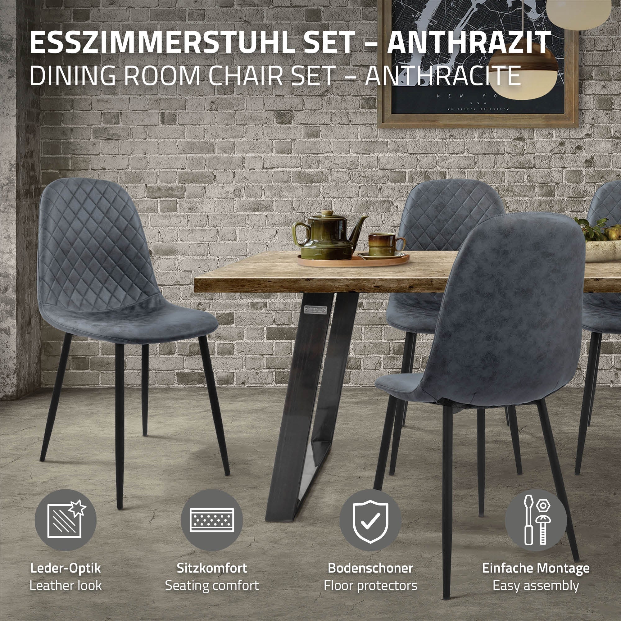 Esszimmerstuhl Set in Anthrazit mit vier Stühlen und einem Tisch.