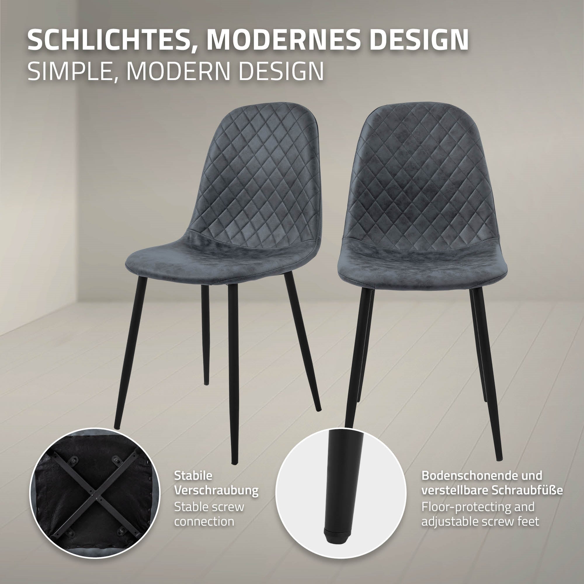 Zwei graue Stühle mit modernem Design vor einem hellen Hintergrund.