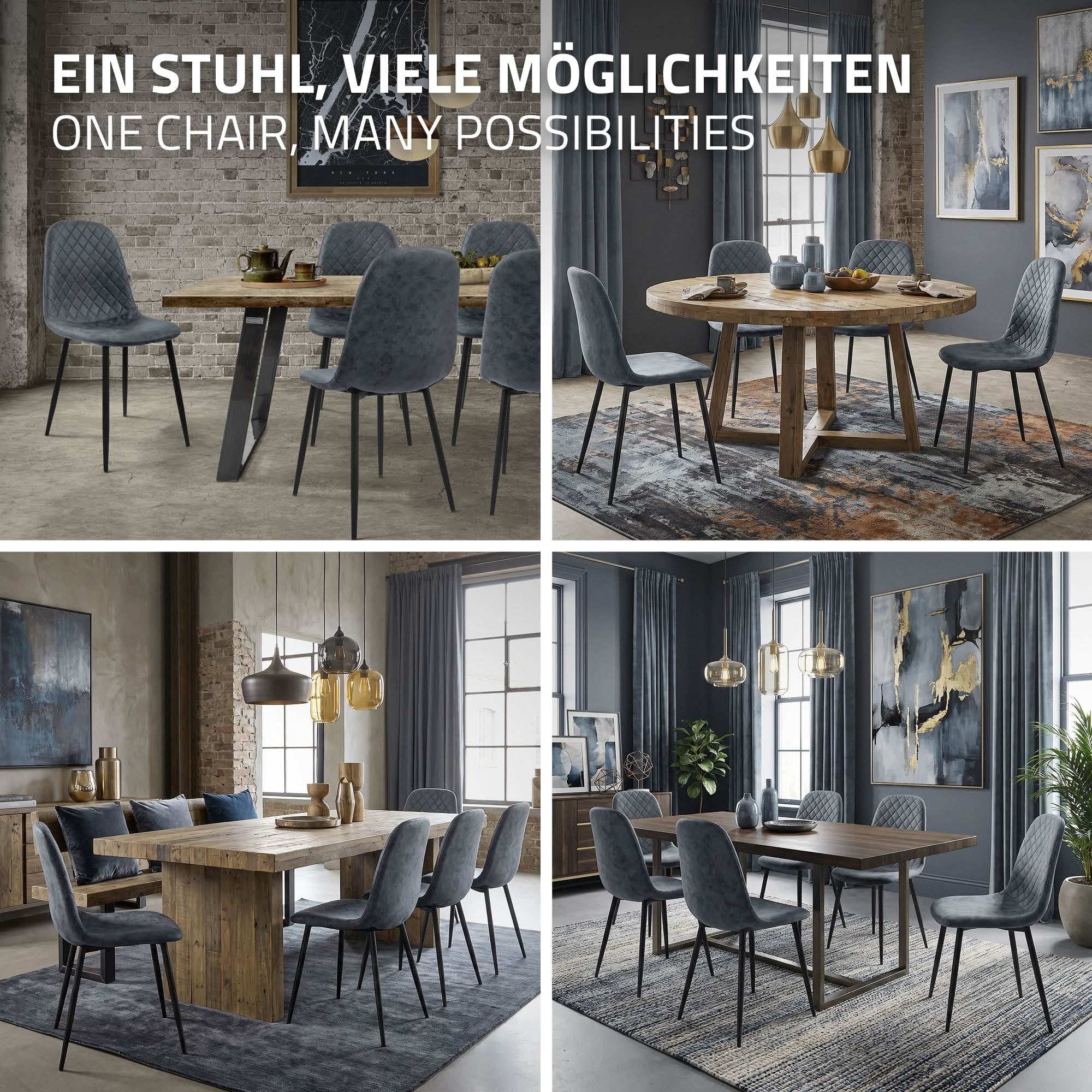 Collage von Stühlen in verschiedenen Raumgestaltungen und Tischanordnungen.