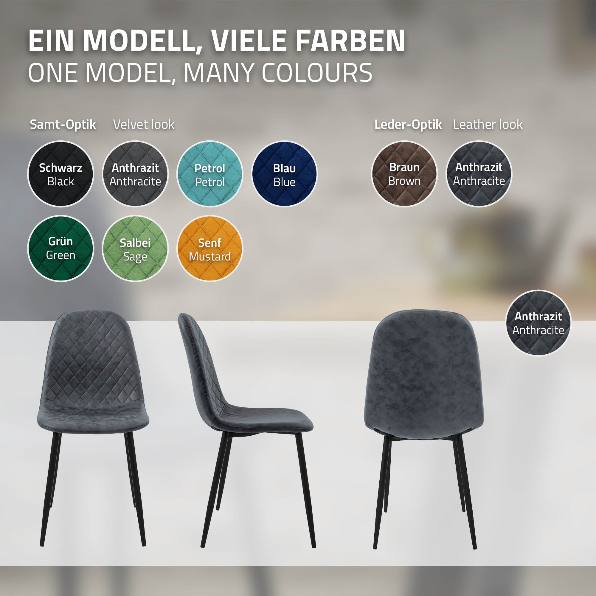 Stuhl in verschiedenen Farben, dargestellt in einer Reihe.