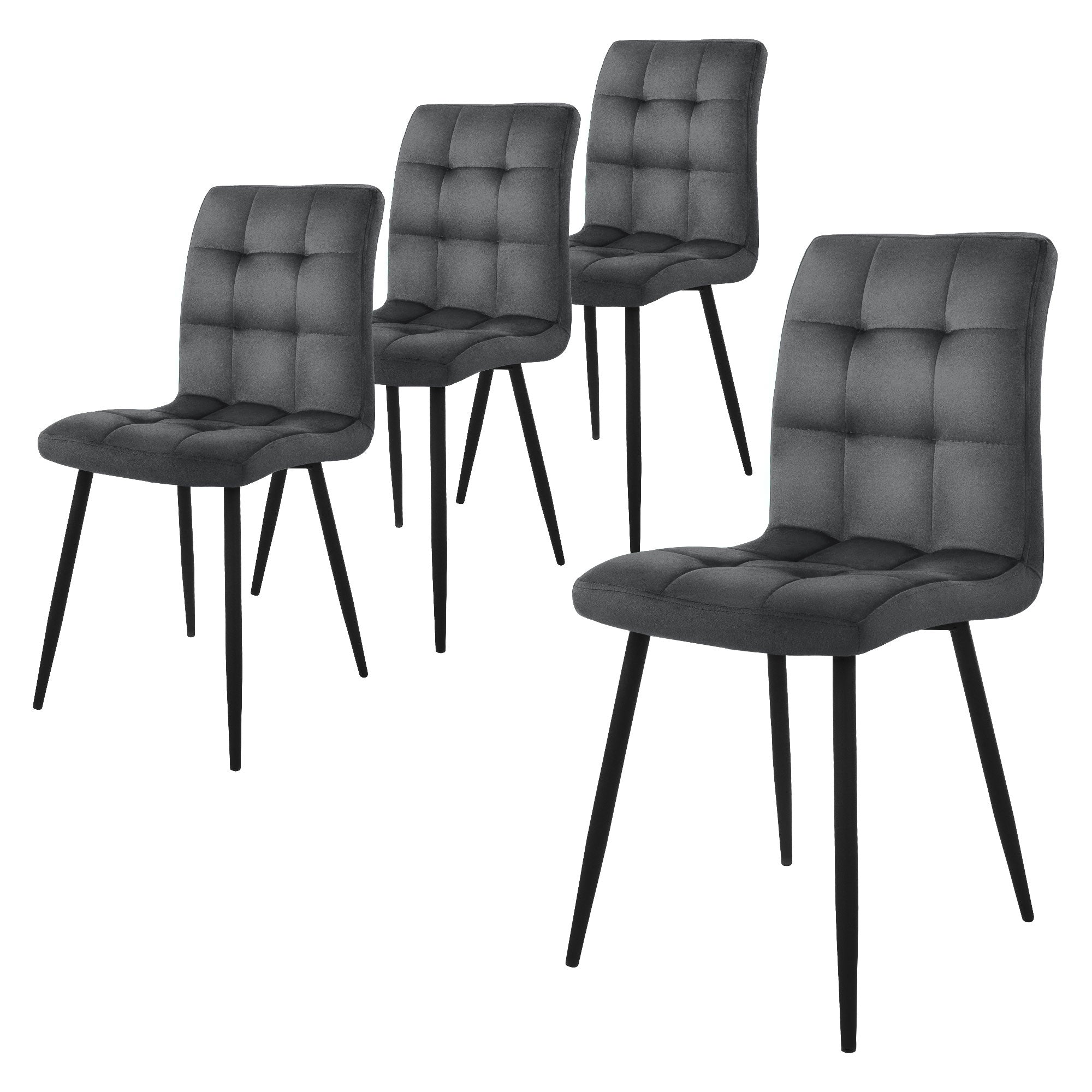 Vier schwarze Stühle mit gepolsterter Sitzfläche und langen Beinen.