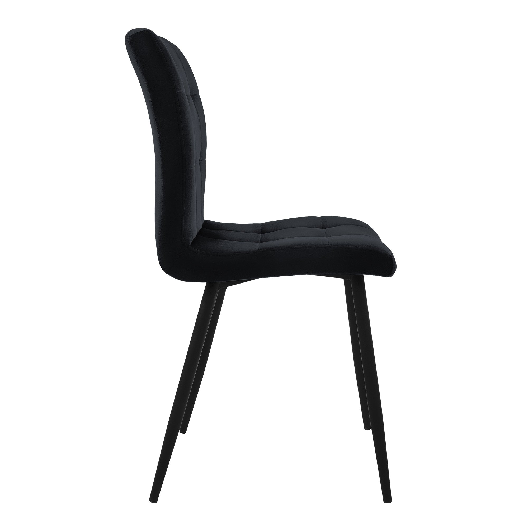 Schwarzer Stuhl mit gepolsterter Sitzfläche und Rückenlehne, seitliche Ansicht.