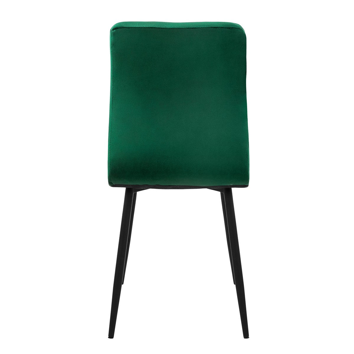 Een groene stoel met een zwart frame, van achteren gezien.