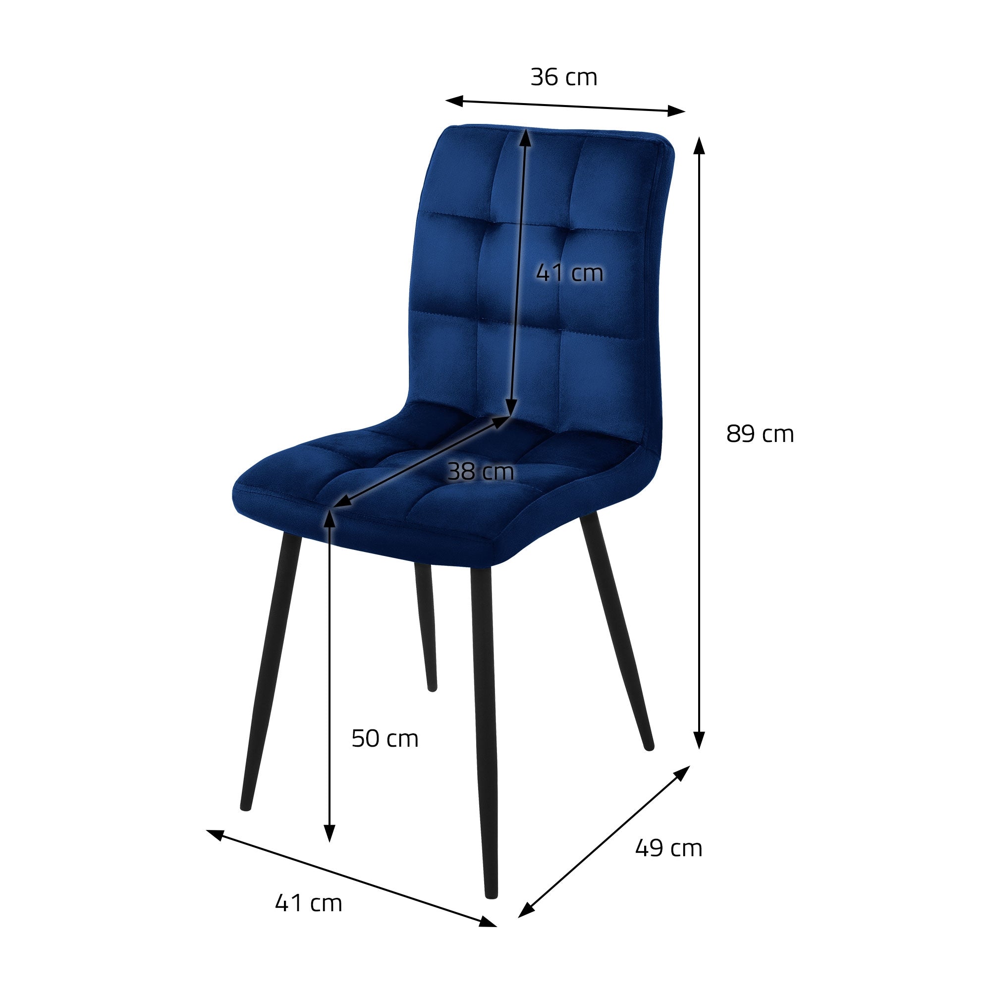 Blauer Stuhl mit Maßen: 36 cm Breite, 41 cm Tiefe, 89 cm Höhe.