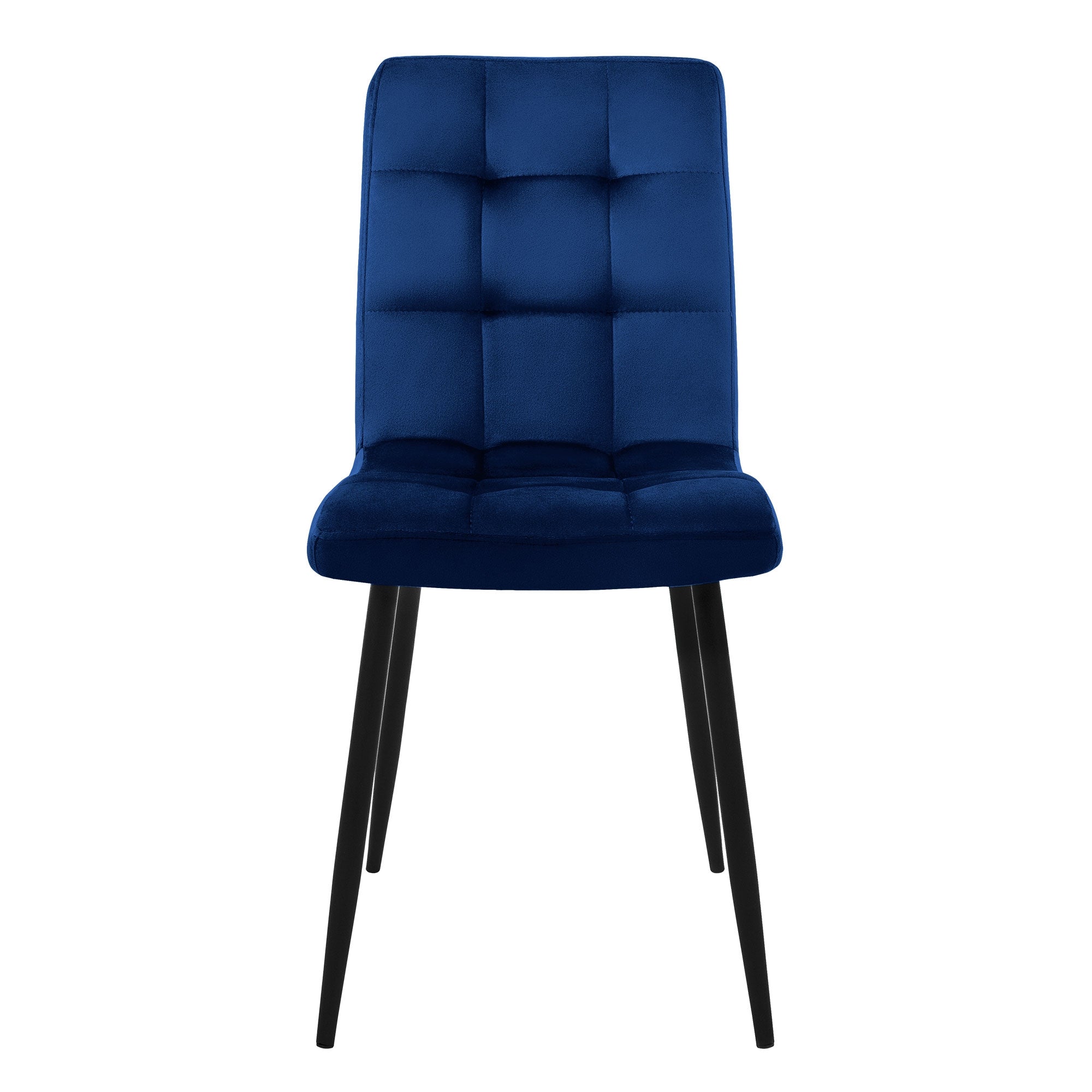 Ein blauer Stuhl mit gepolsterter Sitzfläche und schwarzen Beinen.