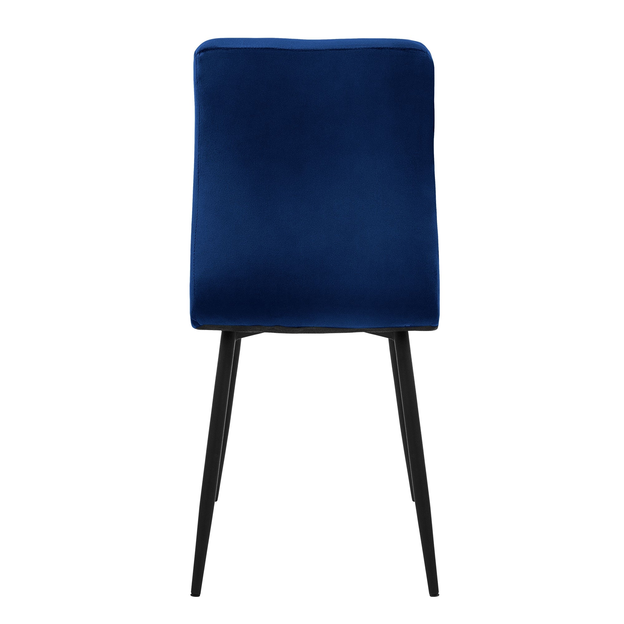 Rückansicht eines blauen Stuhls mit gerader Rückenlehne.