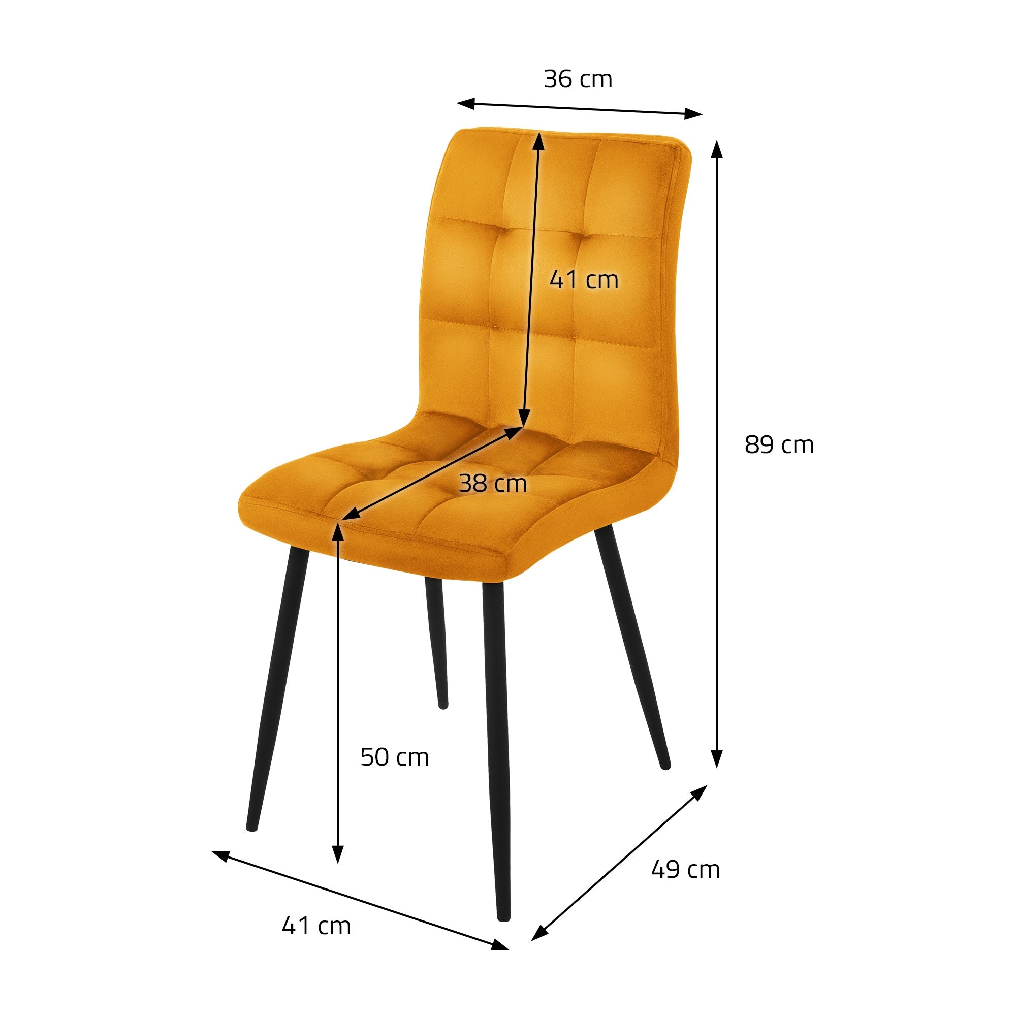 Dessin technique d'une chaise jaune avec des dimensions en centimètres.