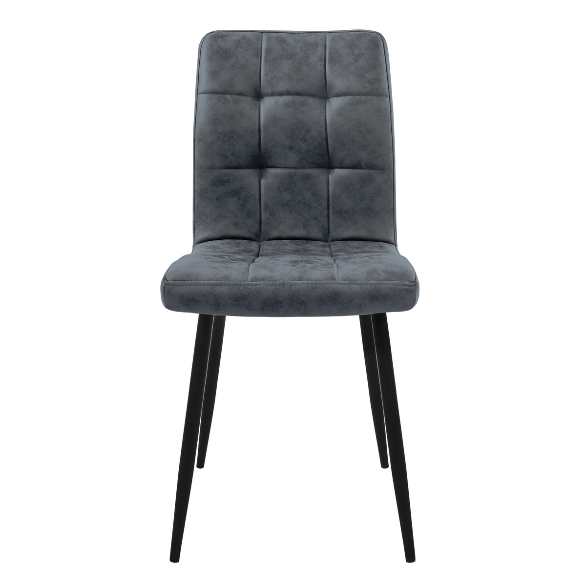 Ein grauer Stuhl mit quadratischem Sitz und schwarzen Beinen.