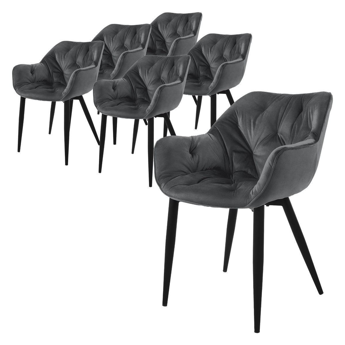 Six gray chairs with padded seats and black legs.