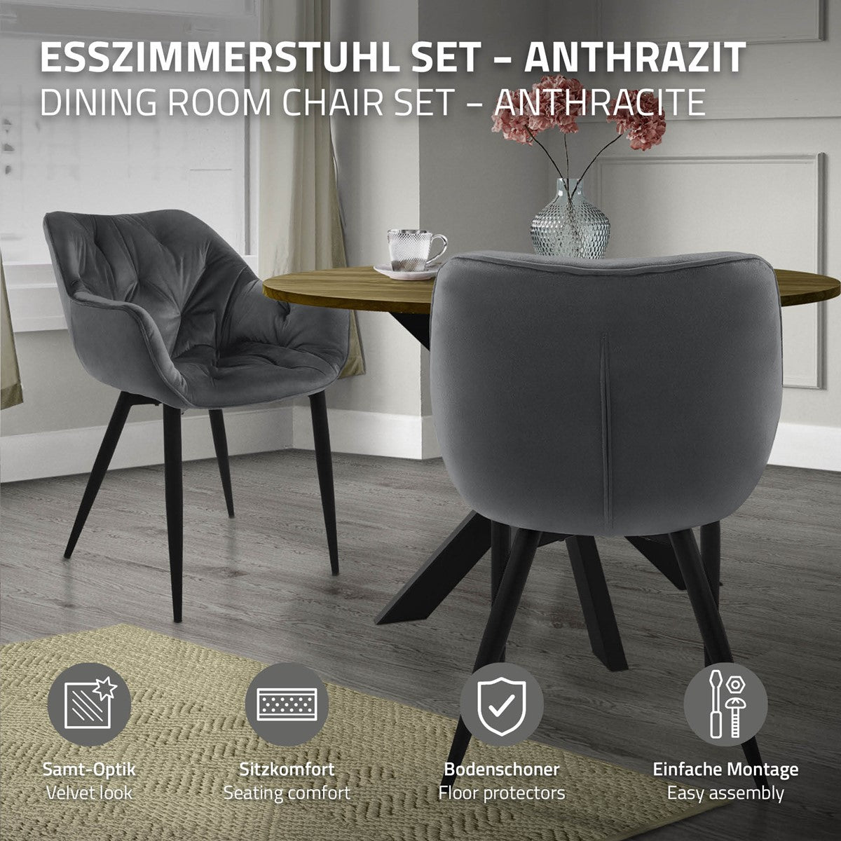 Esszimmerstuhl in Anthrazit mit einem Tisch und Bodenbeschützern.