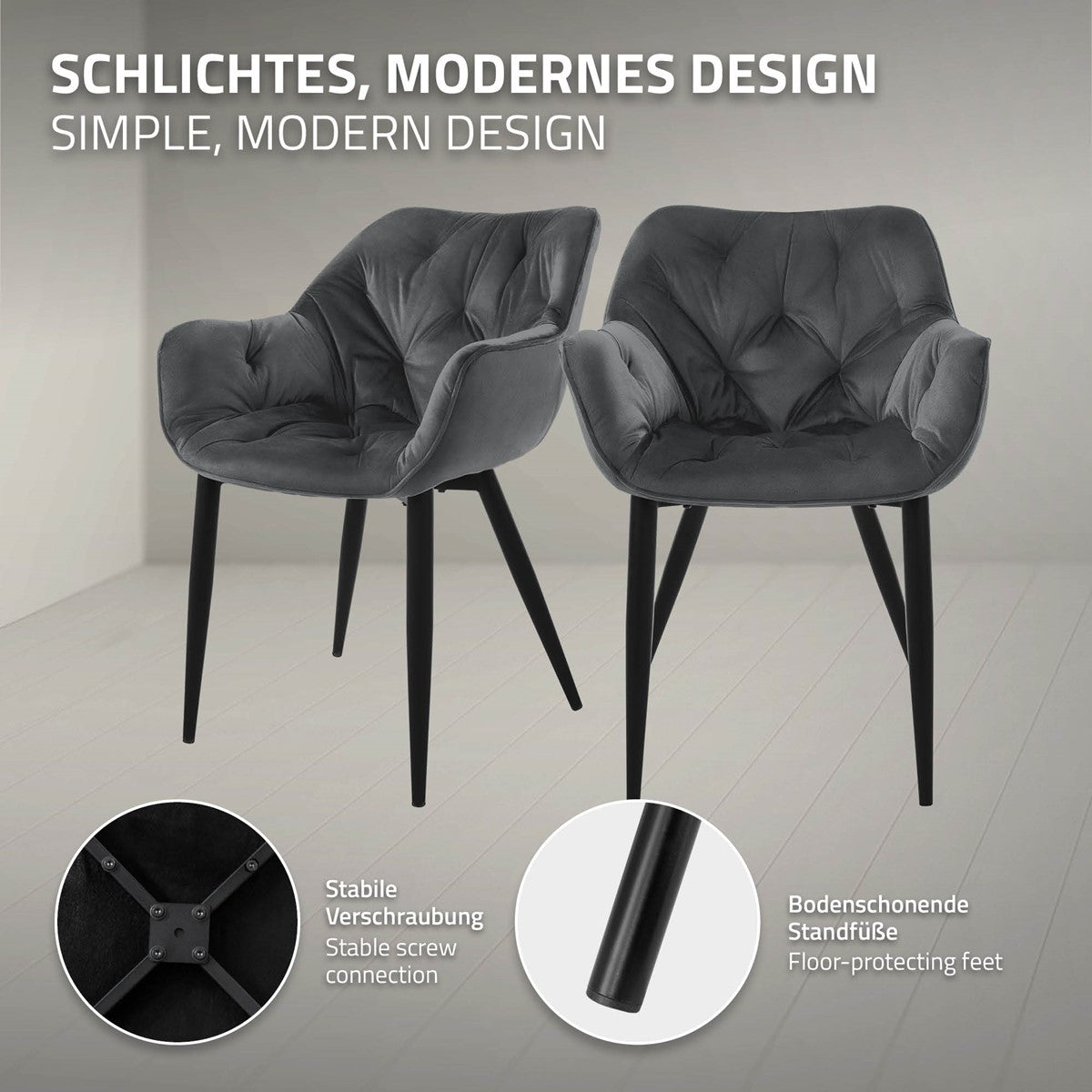 Zwei schwarze Stühle mit modernem Design auf einem hellen Boden.