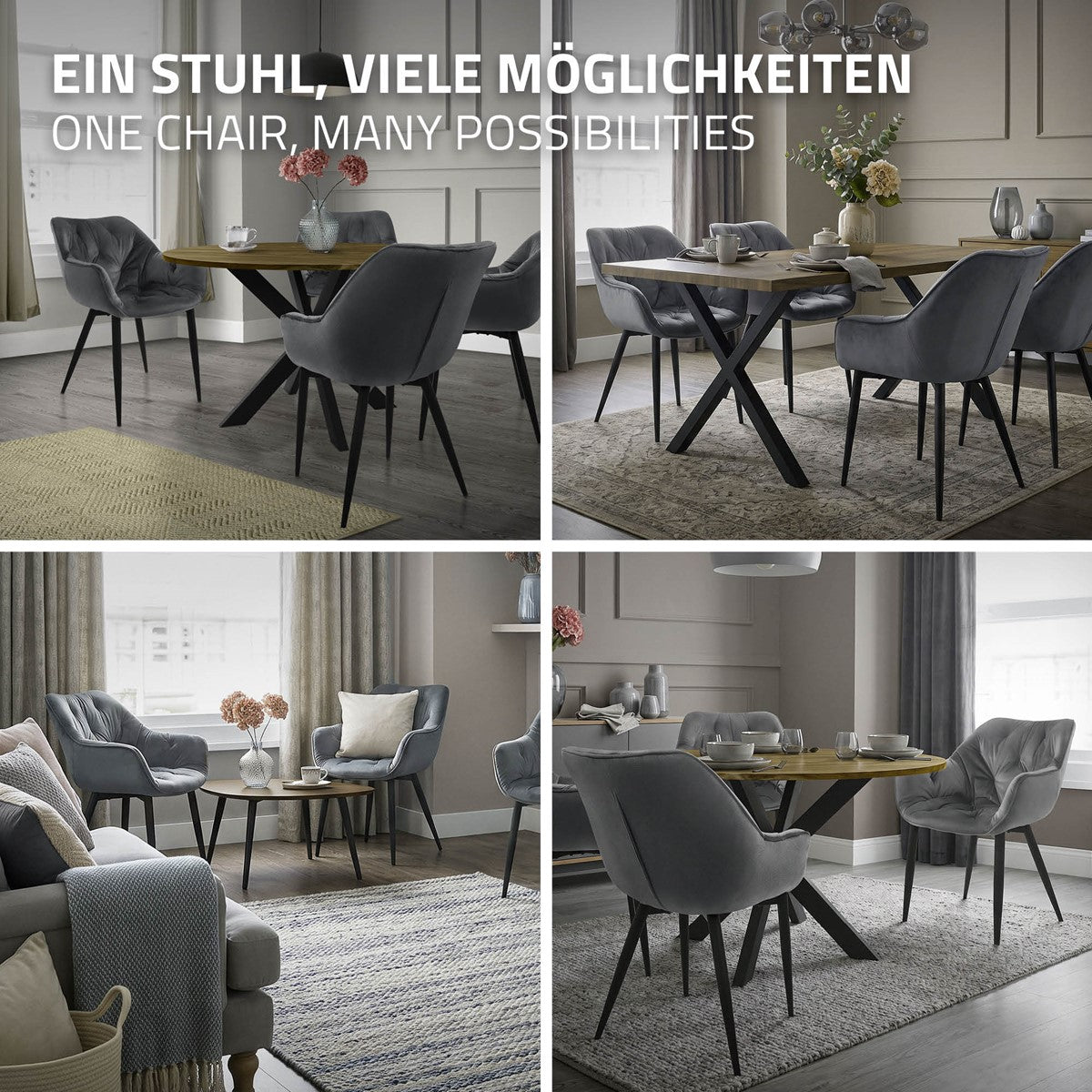 Verschiedene Ansichten eines grauen Stuhls in einem modernen Essbereich.