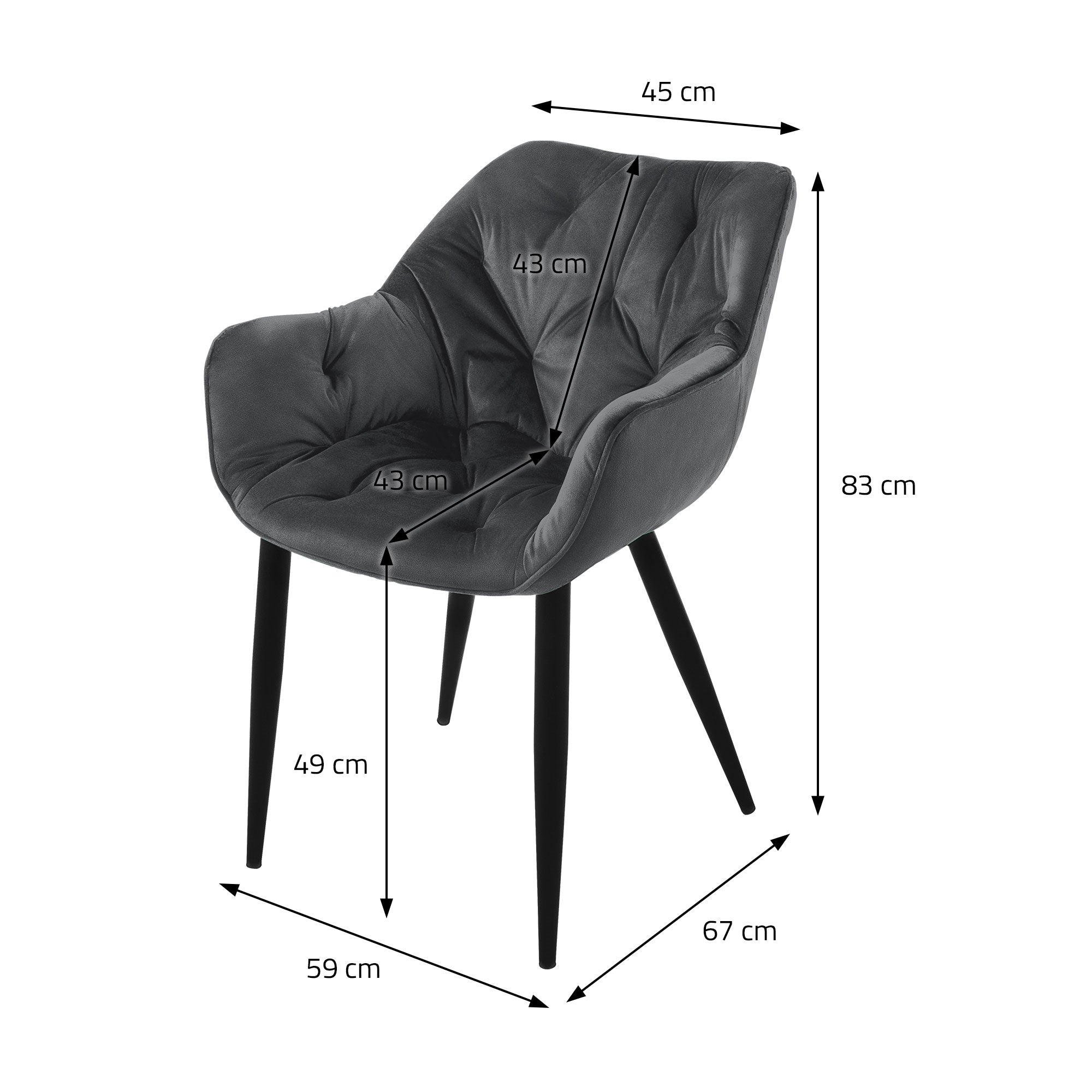 Gray chair with dimensions: 45 cm width, 43 cm seat height, 83 cm height, 59 cm depth.