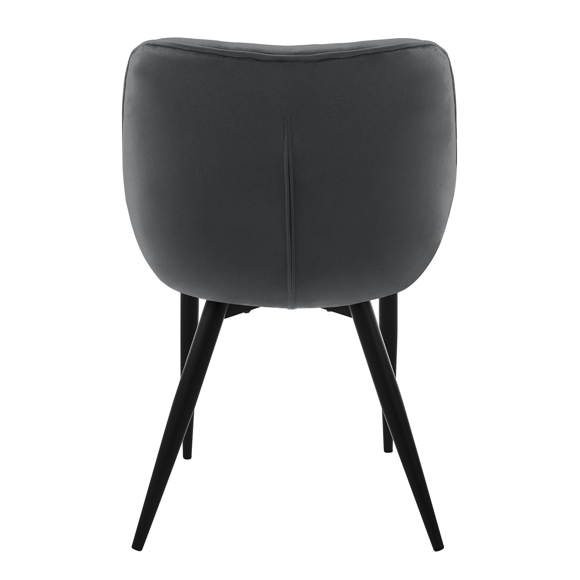 Back view of a gray armchair with black legs.