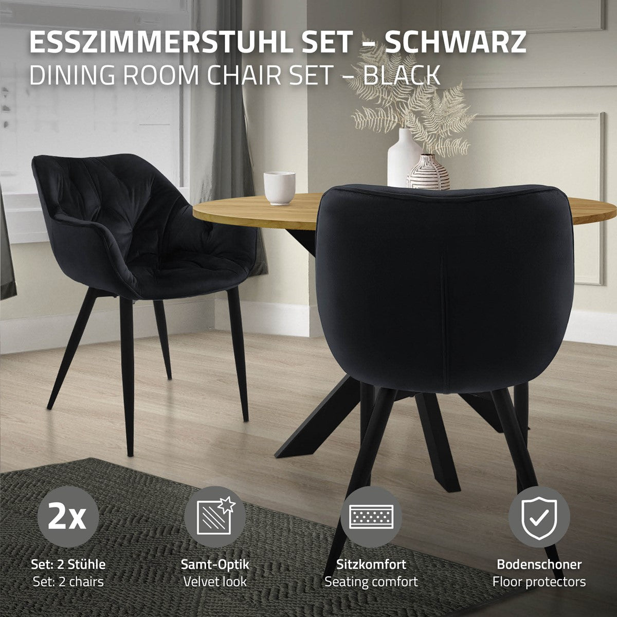 Schwarzes Esszimmerstuhl-Set mit runder Holzplatte und zwei Stühlen.