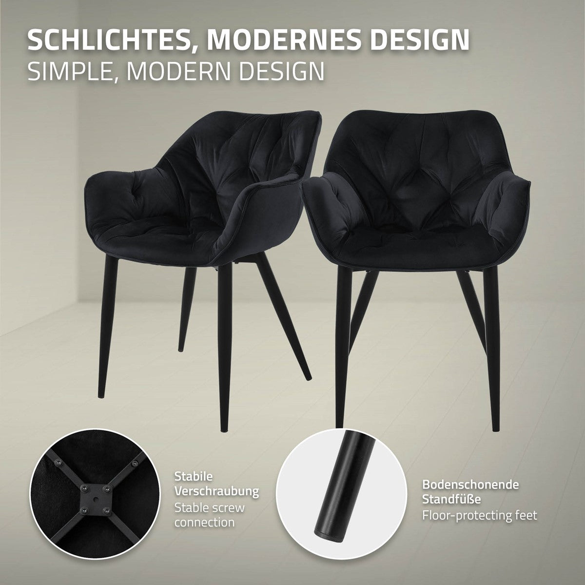 Zwei schwarze Stühle mit modernem Design und stabiler Verbindung.