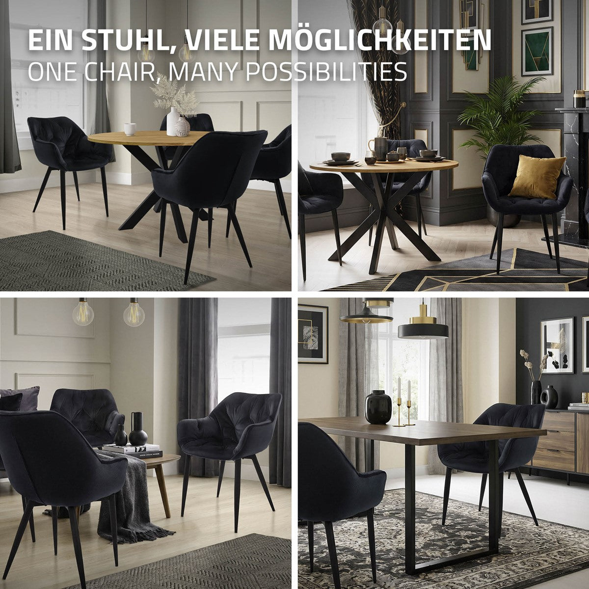 Verschiedene schwarze Esszimmerstühle um einen Tisch in einem stilvollen Raum.