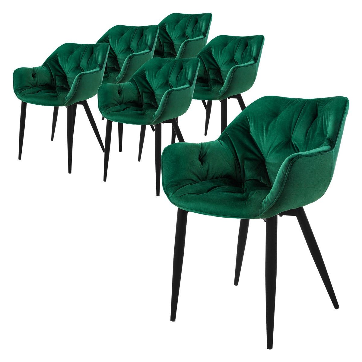 Seks grønne stole med polstrede sæder og sorte ben.
