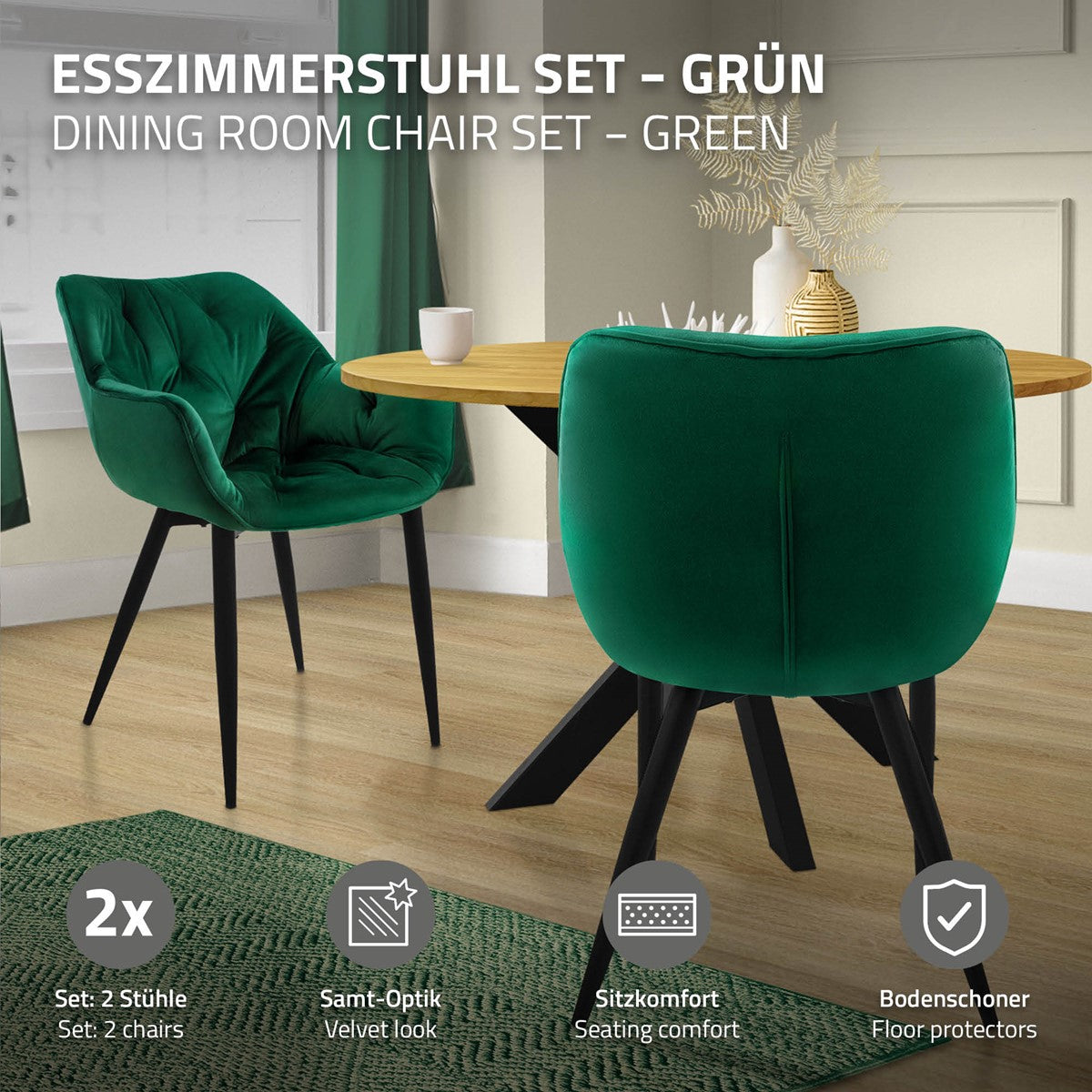 Ein grüner Esszimmerstuhl neben einem runden Tisch in einem Esszimmer.