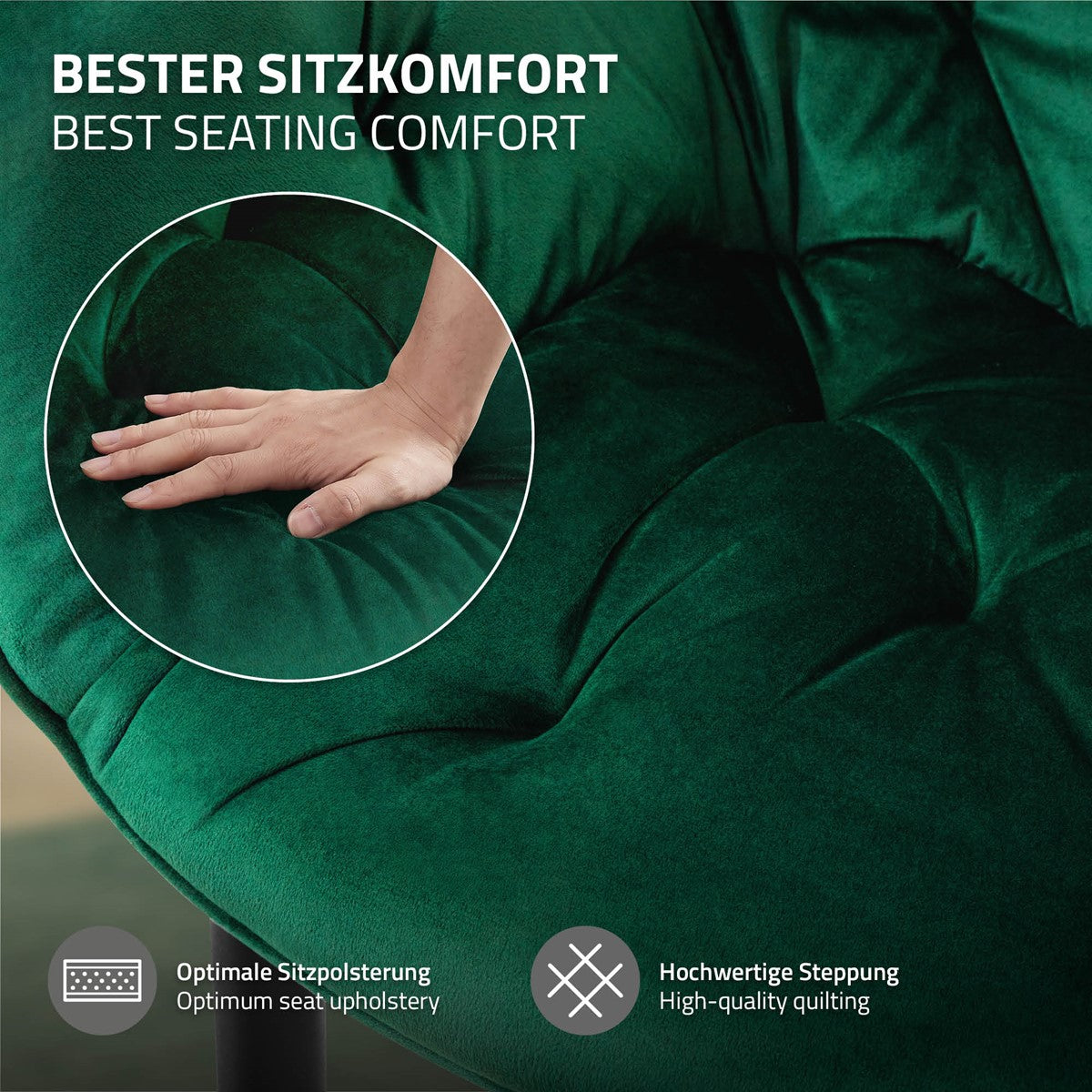 Nahaufnahme einer Hand, die auf einen gepolsterten Stuhl drückt, mit Text über Sitzkomfort.