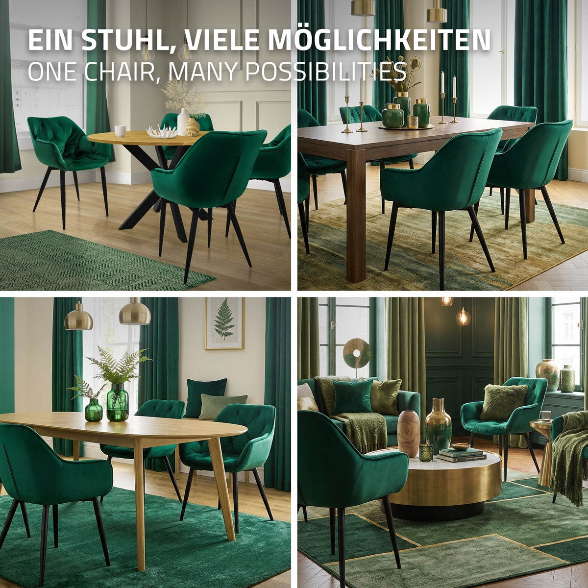 Vier Bilder eines Esszimmers mit grünen Stühlen und einem Holztisch.