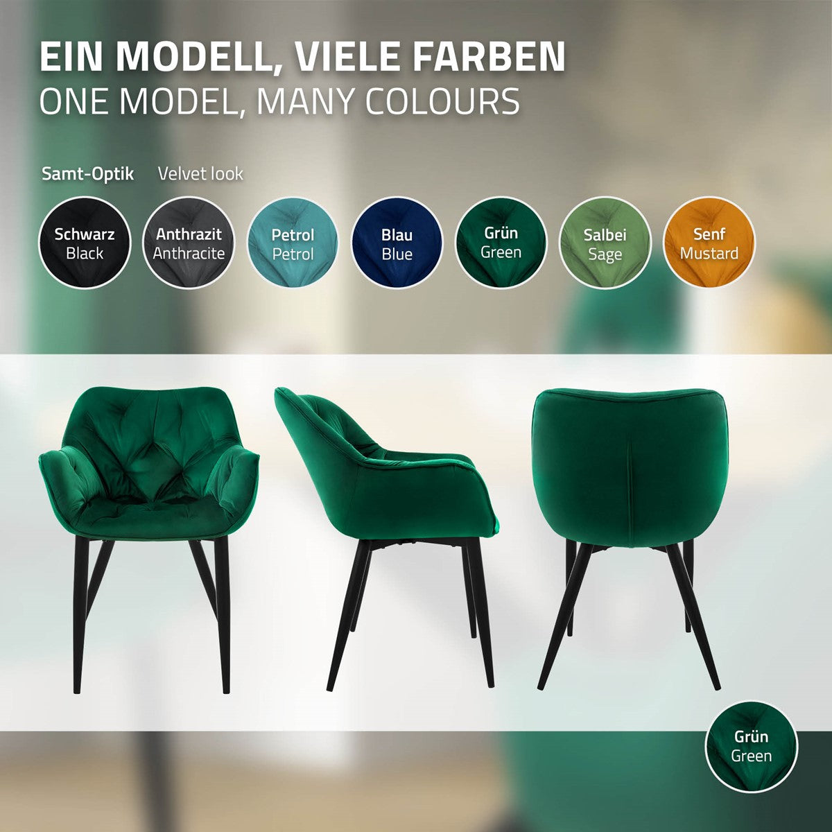 Ein grüner Stuhl in verschiedenen Farben auf einem weißen Hintergrund.