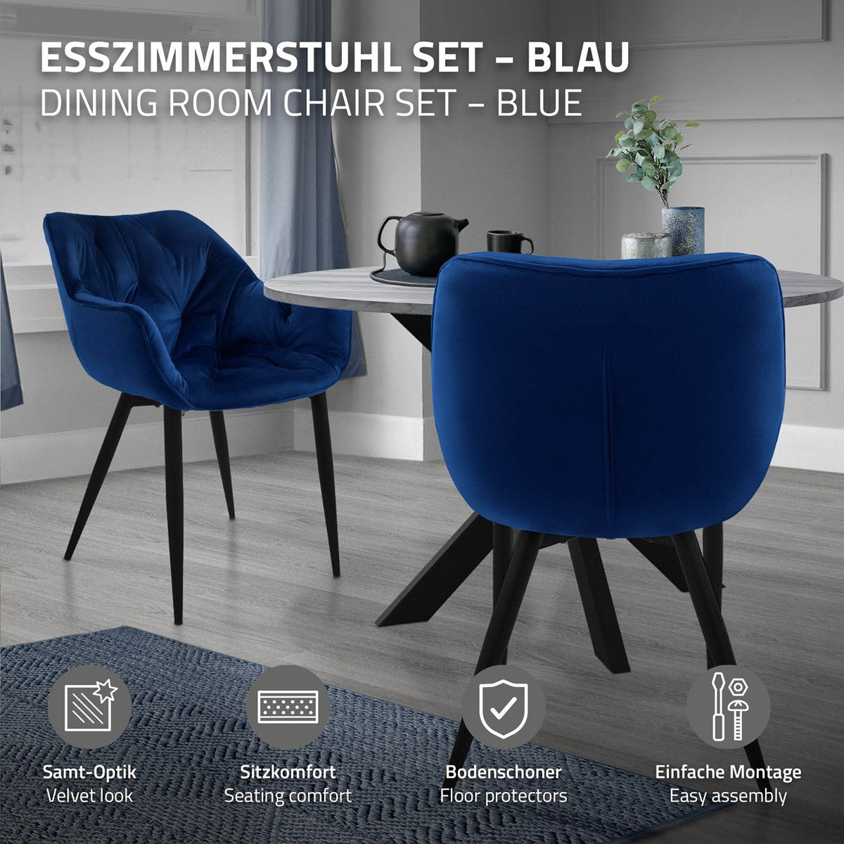 Blauer Esszimmerstuhl neben einem Tisch in einem modernen Raum.