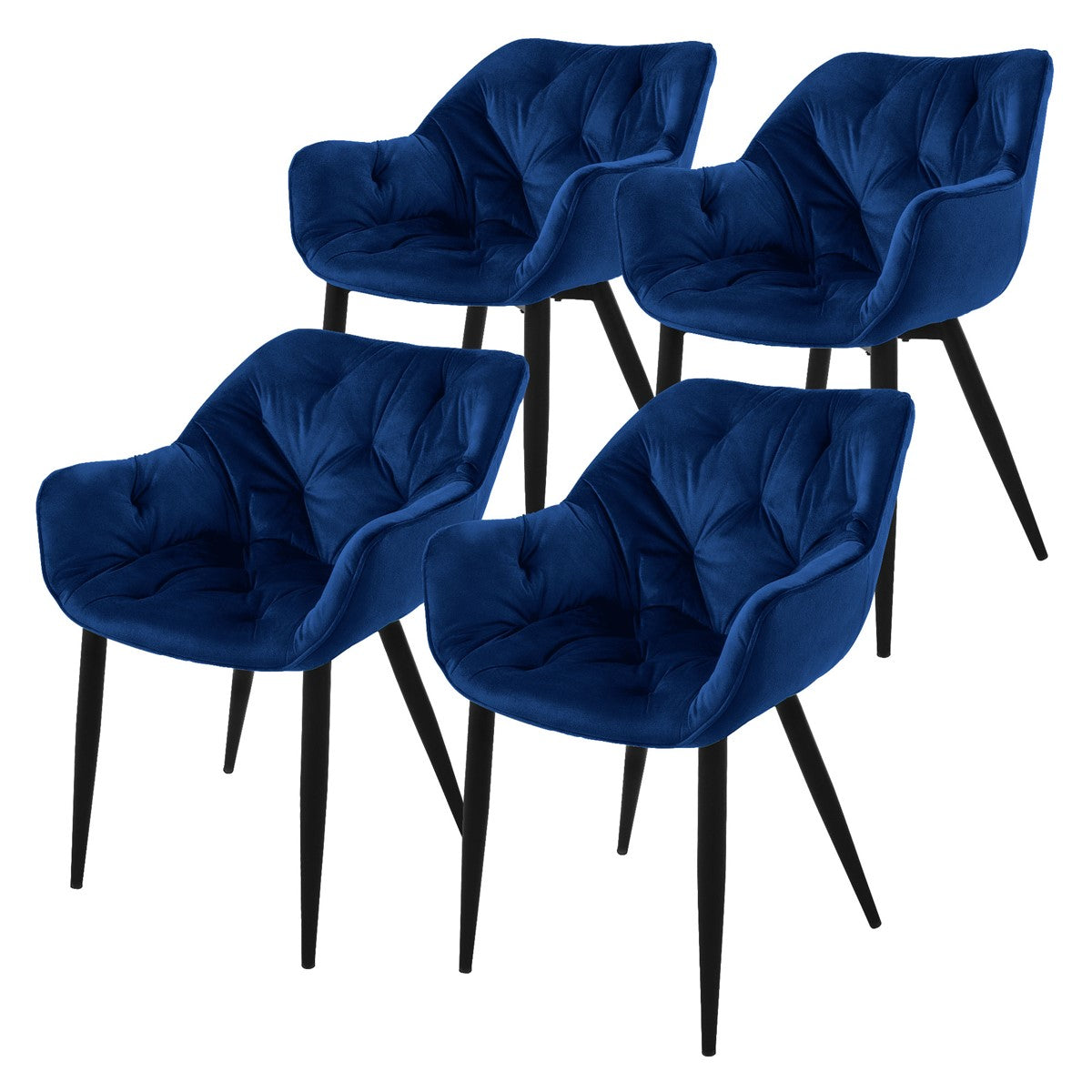 Four blue chairs with black legs on a white background.