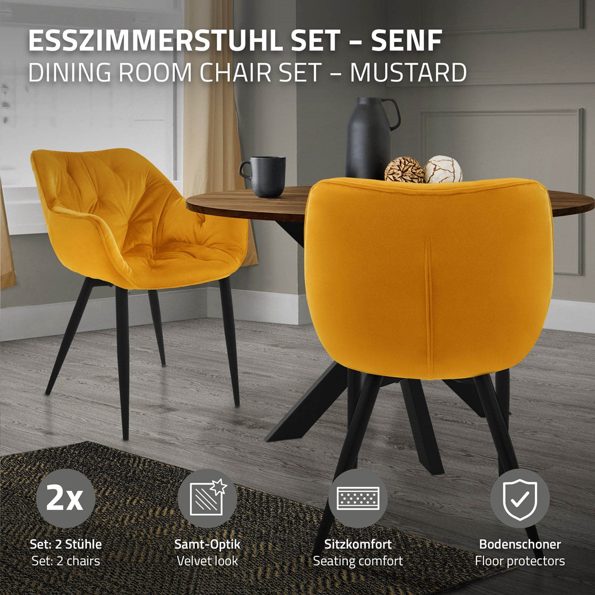 Zwei senfgelbe Esszimmerstühle an einem runden Tisch in einem modernen Raum.