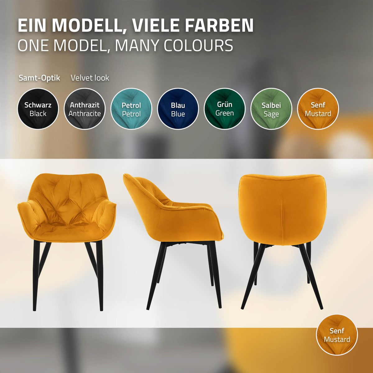 Ein Modell von Esszimmerstühlen in verschiedenen Farben auf einem Farbkreis.