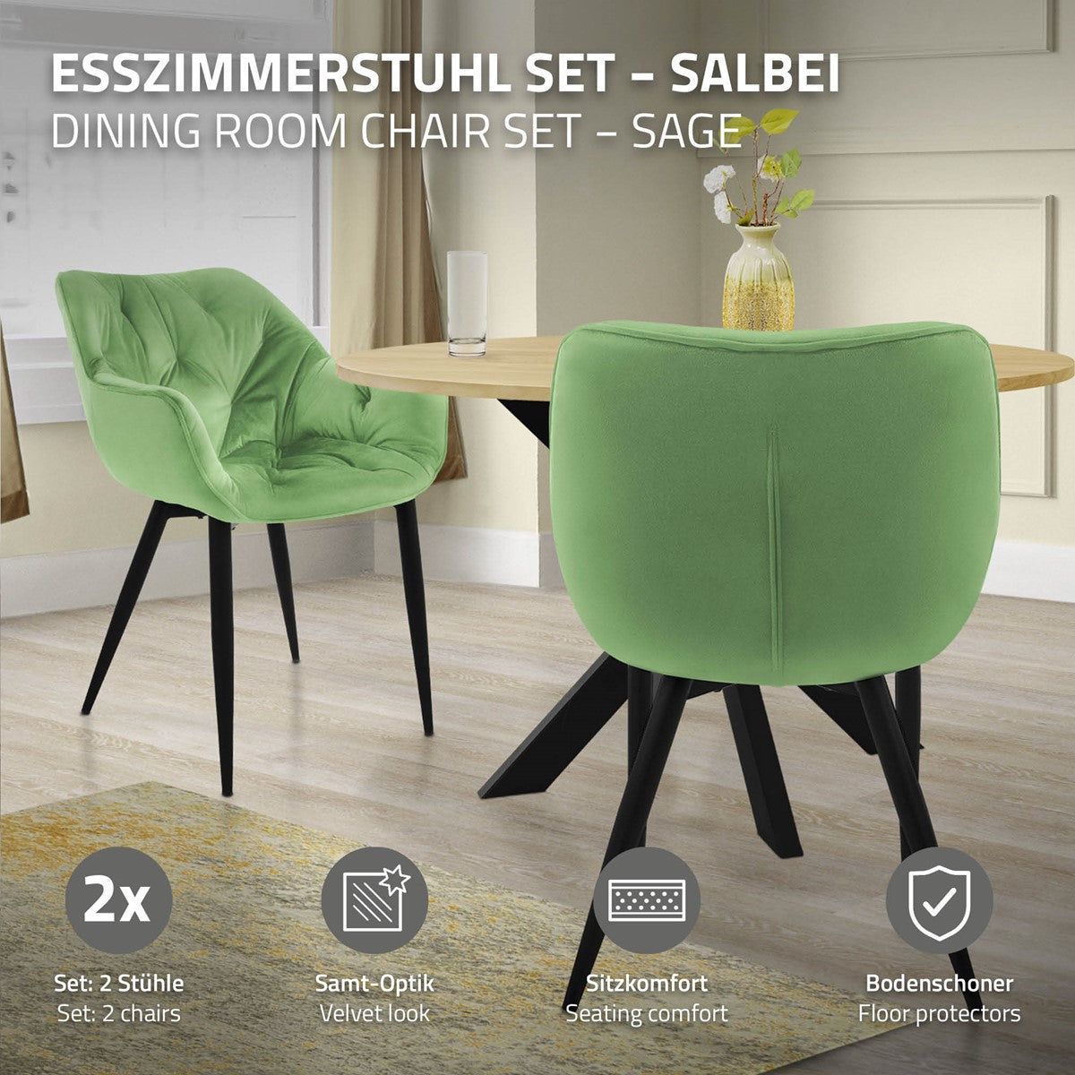Ein grünes Esszimmerstuhl-Set mit zwei Stühlen und runden Tisch.