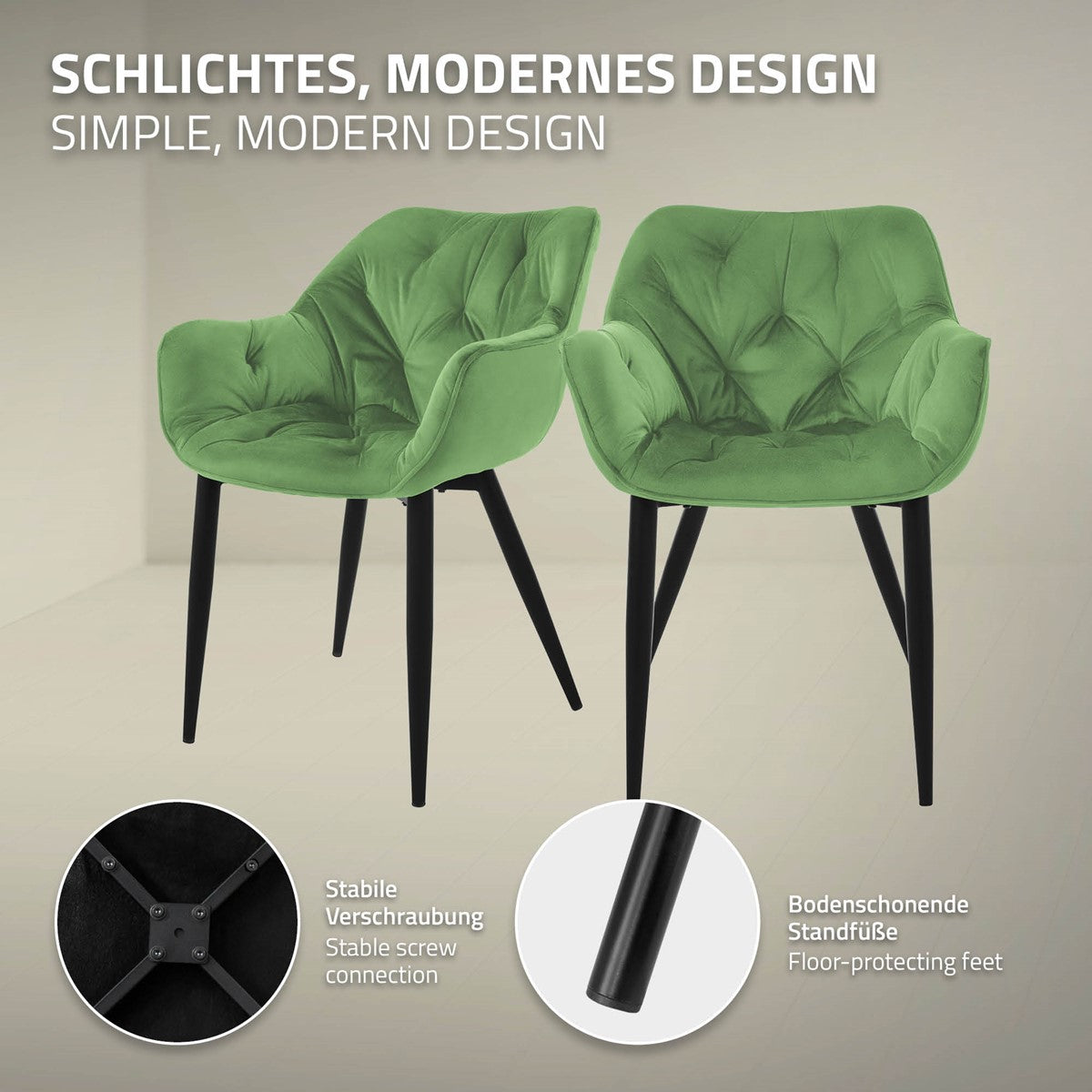 Zwei grüne Stühle mit modernem Design auf einem hellen Hintergrund.