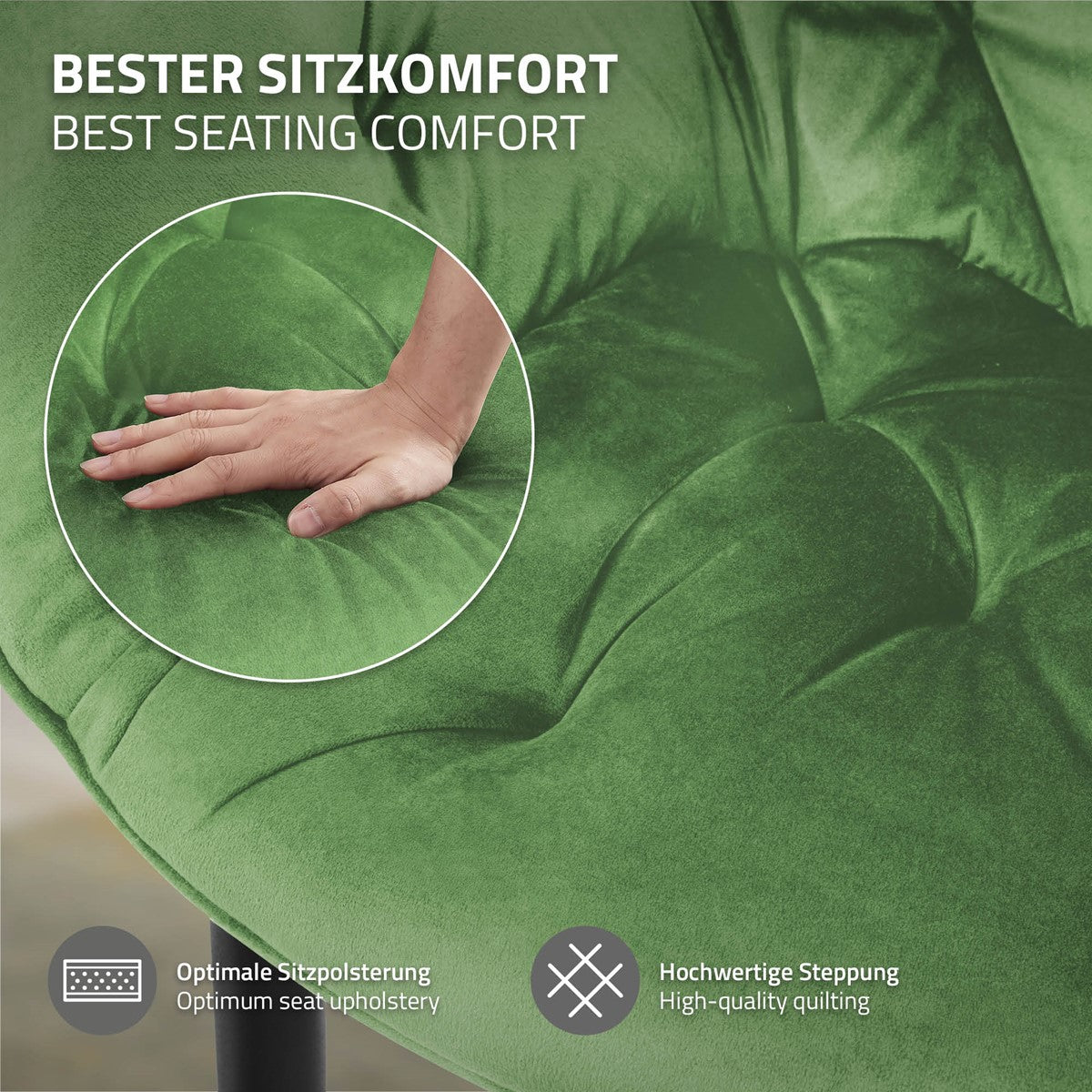 Nahaufnahme eines grünen, gepolsterten Stuhls mit einer Hand, die die Polsterung berührt.